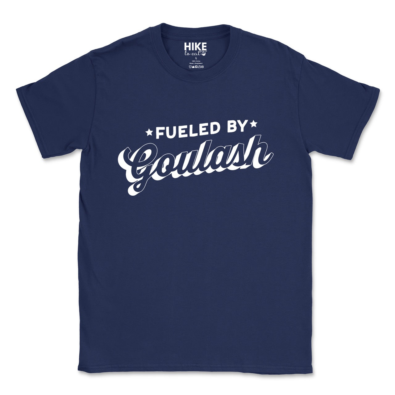 Navy Hungarian food lover Fueled by Goulash statement shirt with bold distressed lettering and flowing script design featuring decorative stars for outdoor adventurers who love paprika-spiced comfort stew for hikers, climbers and foodie