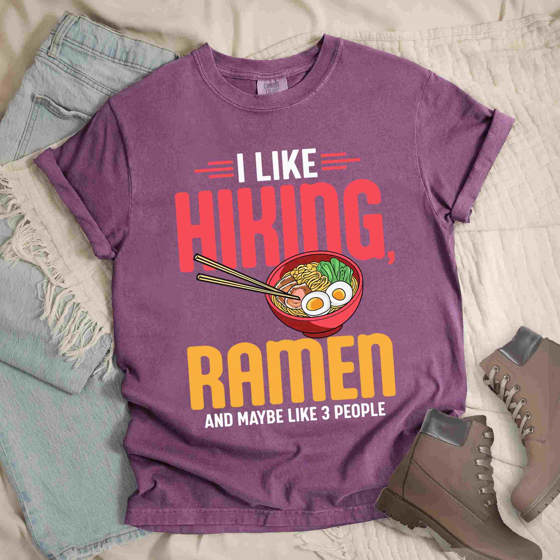 Berry "I like Hiking, Ramen and maybe like three people" colored vintage tee with bold typography, and illustrated bowl of ramen for foodies