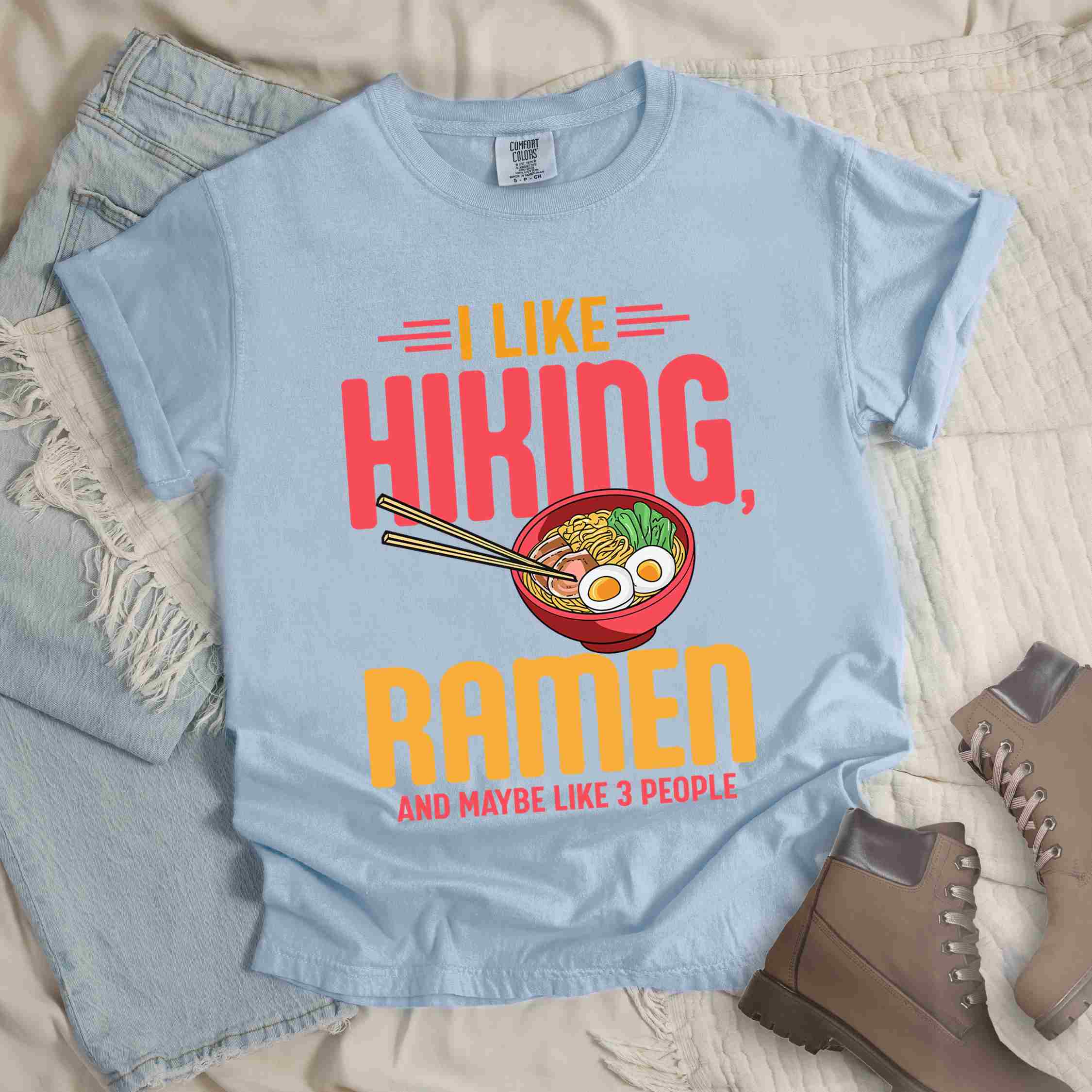 Chambray "I like Hiking, Ramen and maybe like three people" colored vintage tee with bold typography, and illustrated bowl of ramen for foodies