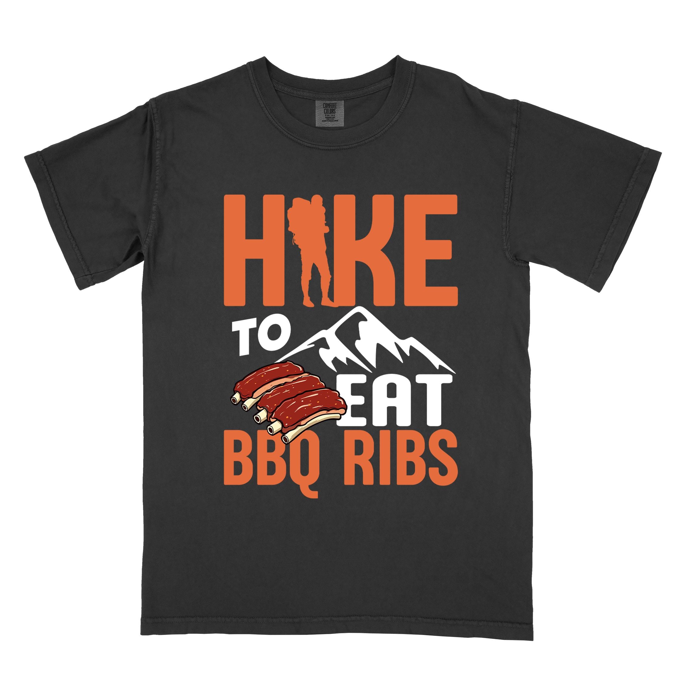 Black "Hike to eat BBQ ribs" colored vintage tee with bold typography, mountains, juicy grilled bbq ribs illustration, and backpacker for bbq enthusiasts