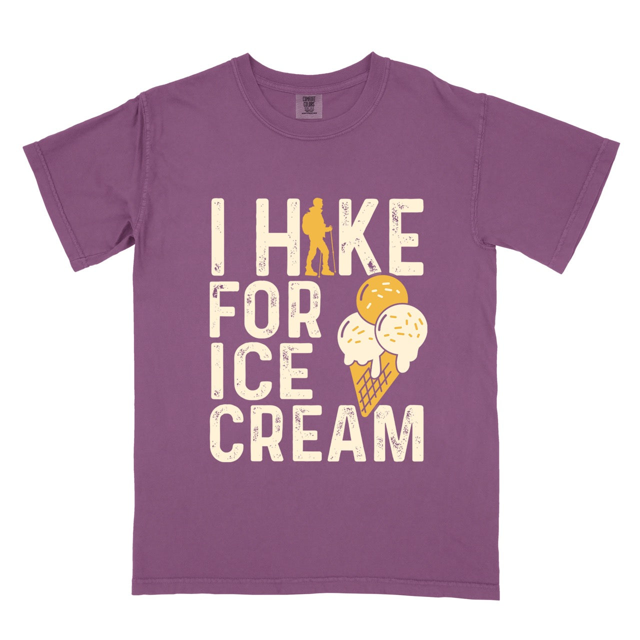 berry (purple) I Hike for Ice Cream statement tee with vintage distressed typography, hiker silhouette, and double-scoop ice cream cone illustration on Comfort Colors shirt for dessert-loving outdoor enthusiasts and hikers