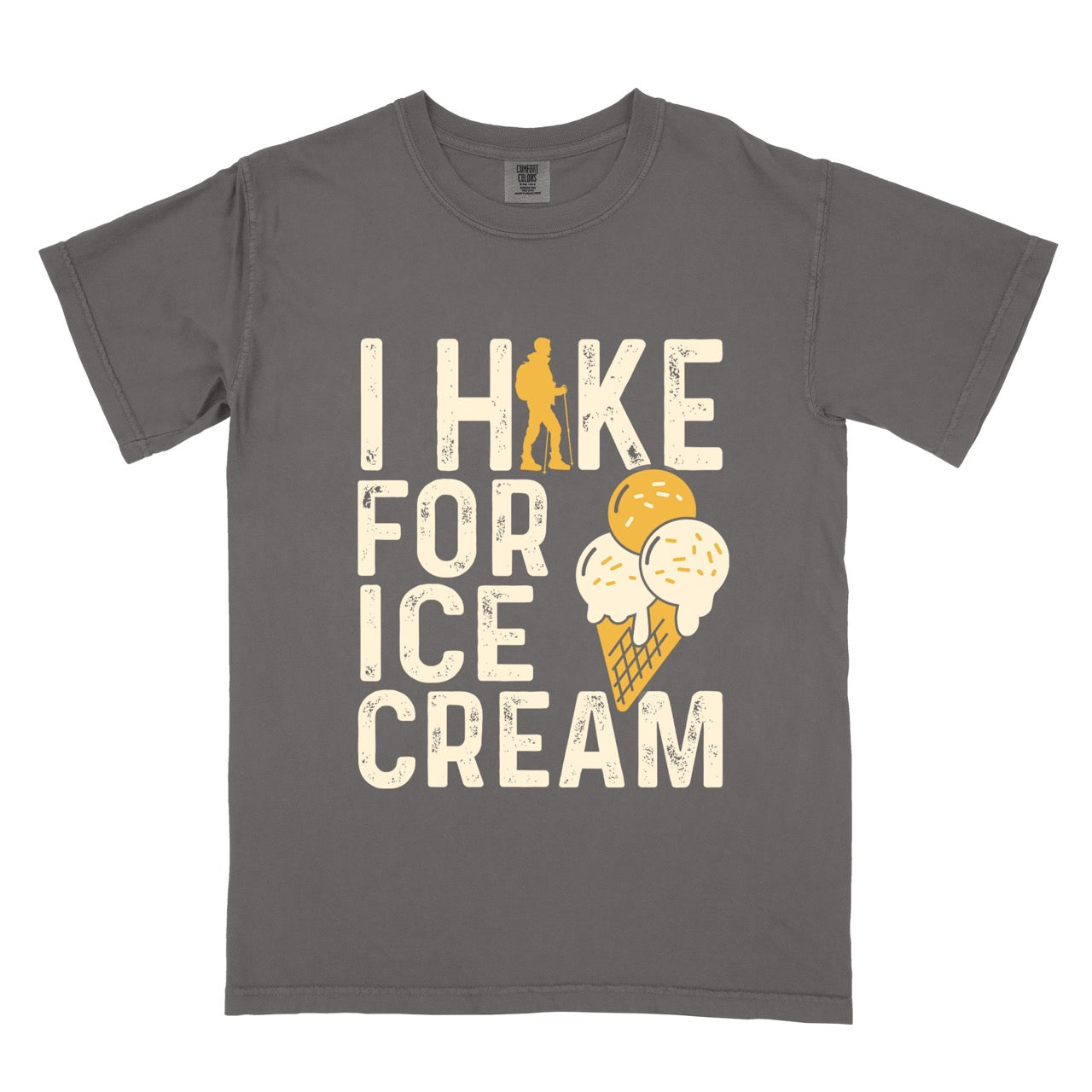 pepper (grey) I Hike for Ice Cream statement tee with vintage distressed typography, hiker silhouette, and double-scoop ice cream cone illustration on Comfort Colors shirt for dessert-loving outdoor enthusiasts and hikers