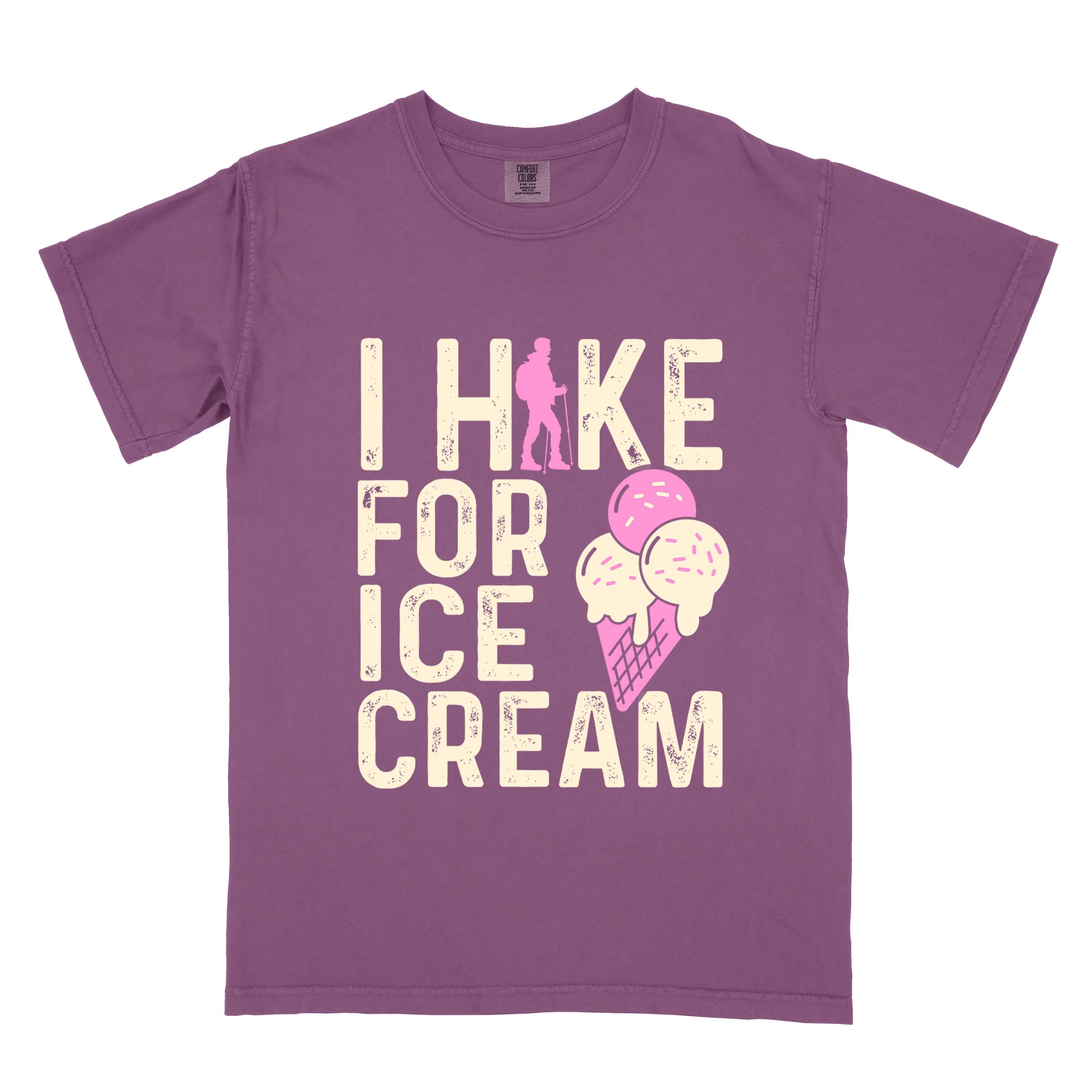 Berry I Hike for Ice Cream statement tee with vintage distressed typography, hiker silhouette, and double-scoop ice cream cone illustration on Comfort Colors shirt for dessert-loving outdoor enthusiasts and hikers