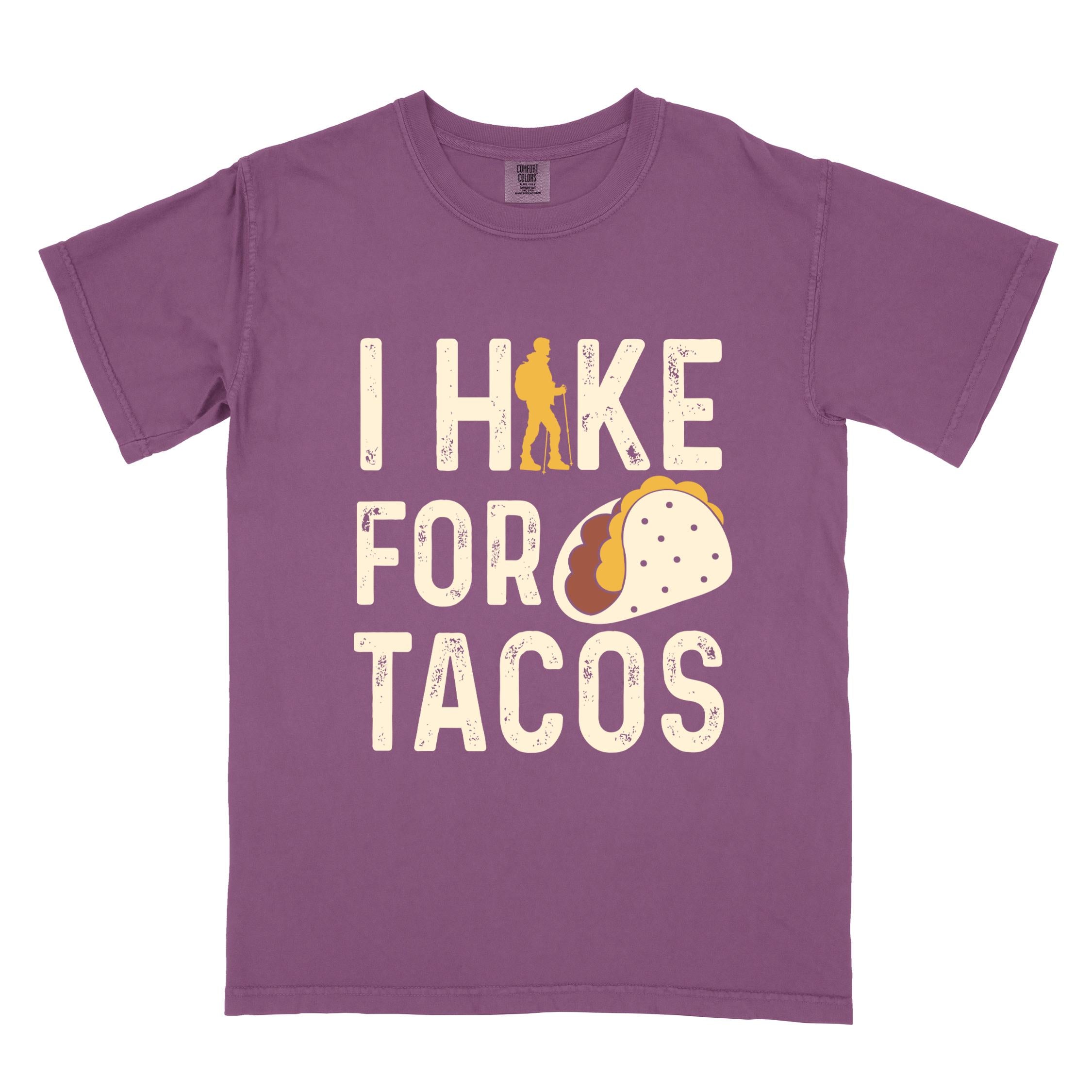 Berry colored vintage tee with 'I Hike for Tacos' text in cream lettering, illustrated taco, and backpacker for taco lovers