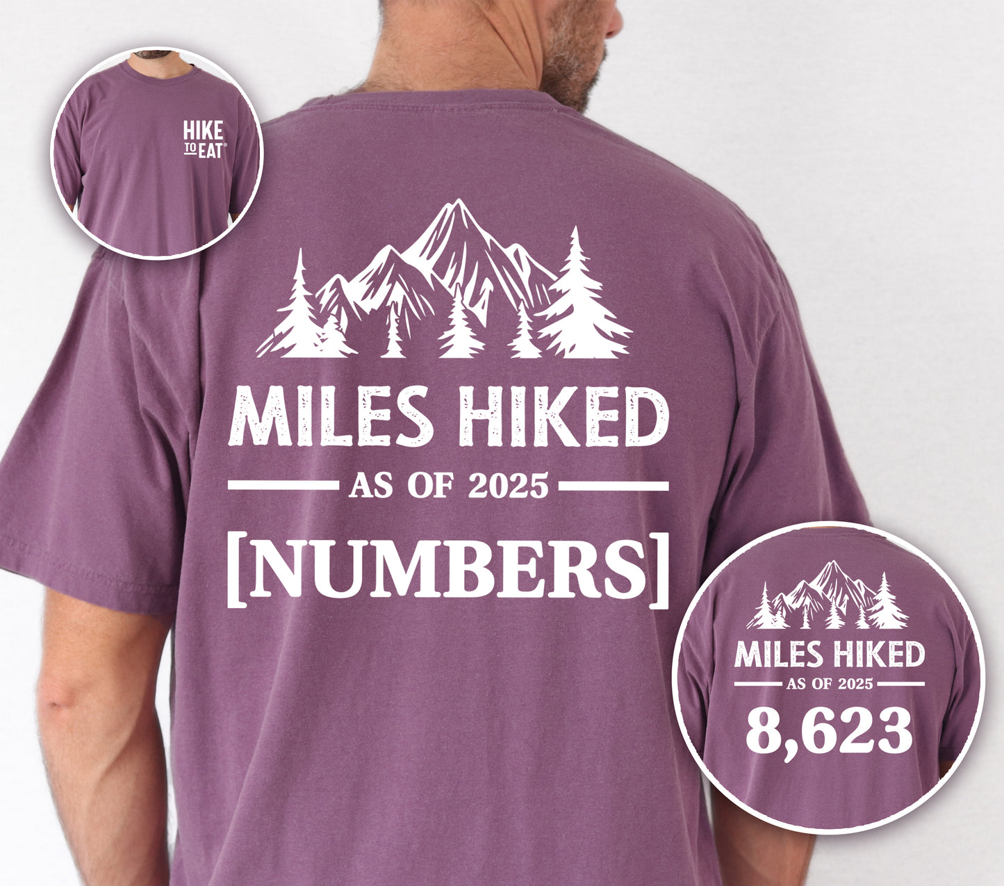 Berry (Dark Violet) Hike to Eat t-shirt front and back view showing small white chest detail and large back design featuring 'Milestone Tracker Personalized' with mountain and pine tree silhouettes, 'Miles Hiked as of 2025' text and customizable numbers field, shown with close-up detail displaying example number 8,623.