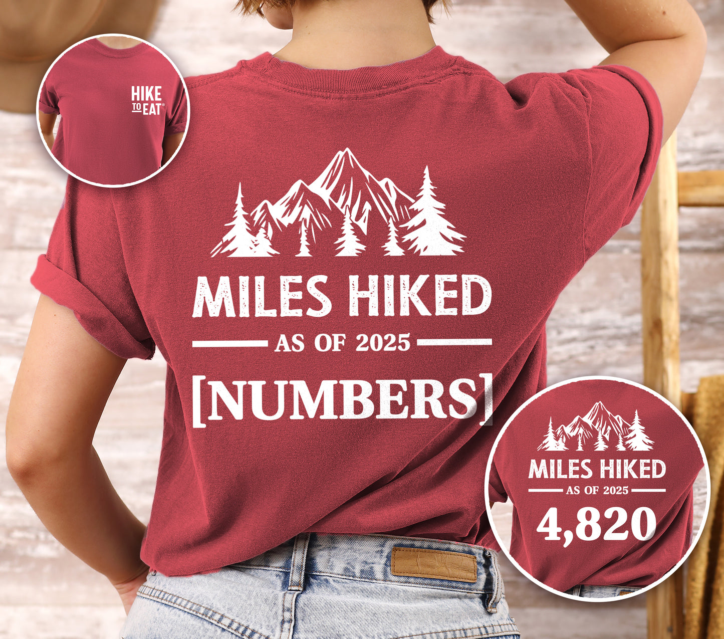 Crimson (Dark Pink) Hike to Eat t-shirt front and back view showing small white chest detail and large back design featuring 'Milestone Tracker Personalized' with mountain and pine tree silhouettes, 'Miles Hiked as of 2025' text and customizable numbers field, shown with close-up detail displaying example number 4,820.