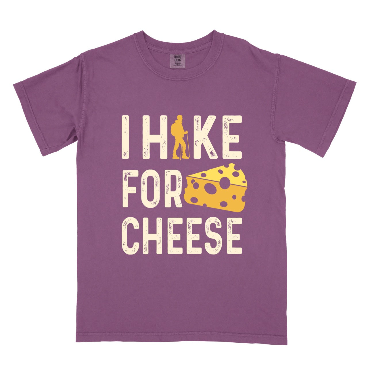 Purple Cheese lover vintage tee I Hike for Cheese with distressed cream typography character silhouette with trekking pole and illustrated Swiss cheese wedge with holes on Comfort Colors shirt for dairy and food enthusiasts, hikers and foodies. 