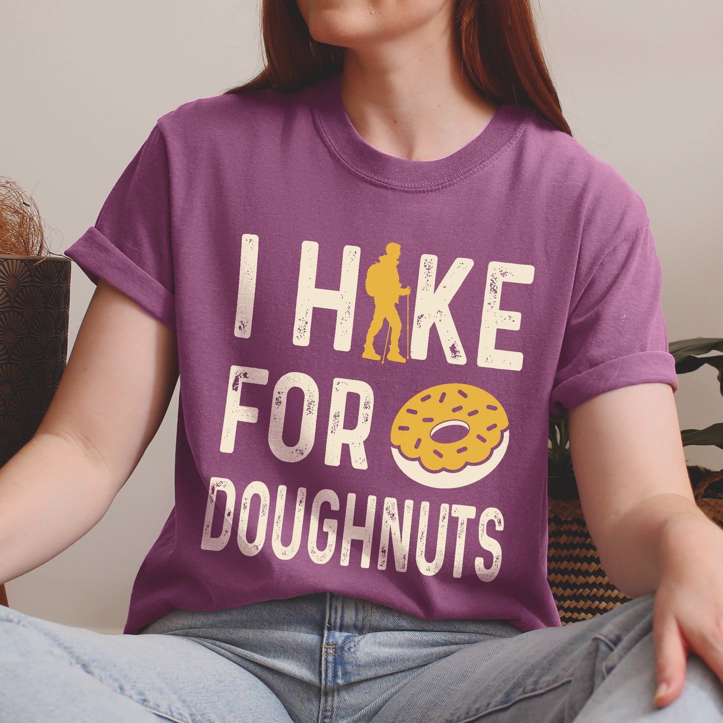 Berry Shirt with words 'I Hike for Doughnuts' and a Donut design