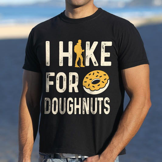 Black Shirt with words 'I Hike for Doughnuts' and a Donut design
