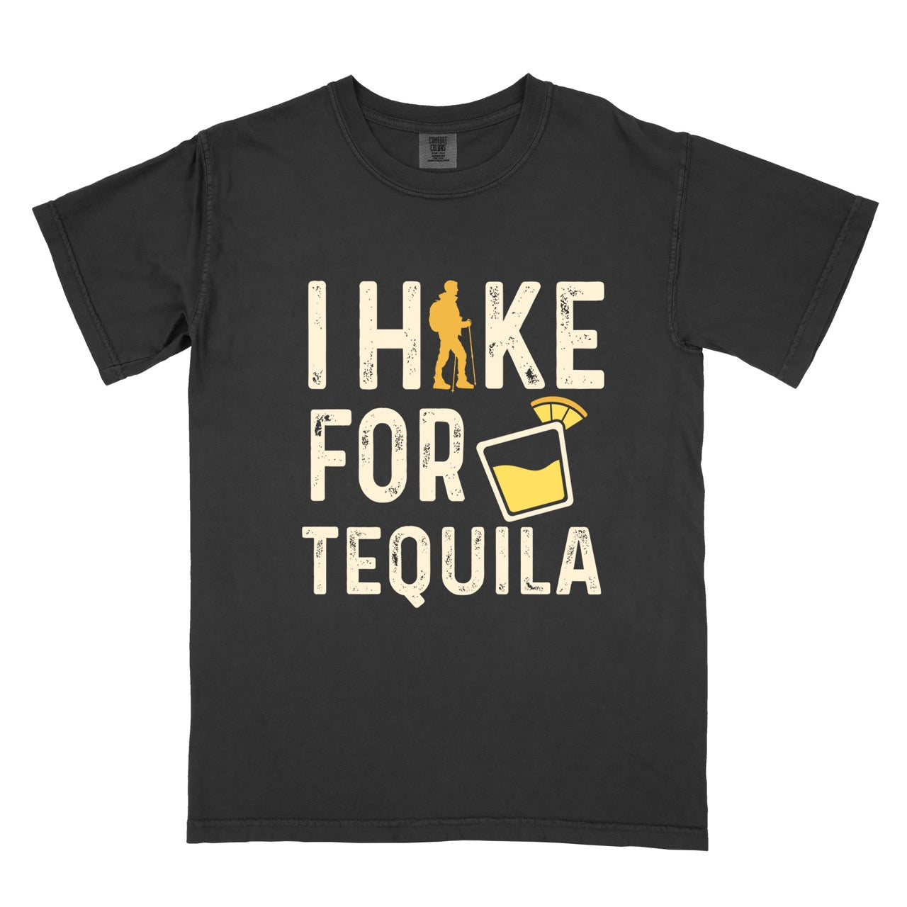 Black Tequila margarita lover statement tee I Hike for Tequila with vintage distressed cream typography character silhouette with trekking pole and illustrated tilted margarita glass with lime garnish on Comfort Colors shirt for drink enthusiasts for hikers and foodies. 