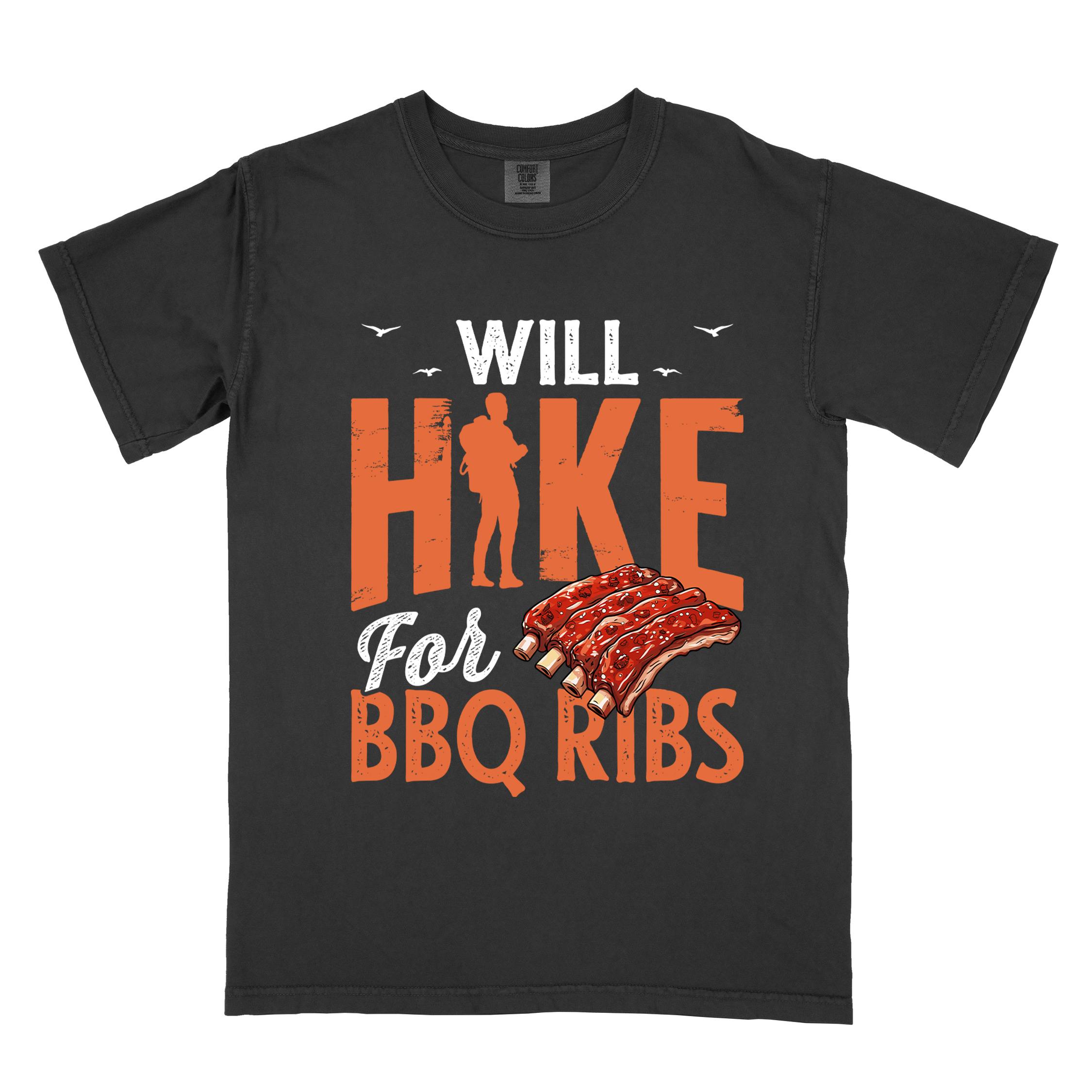 Black "Will Hike for BBQ Ribs" colored vintage tee with bold typography, birds, juicy grilled bbq ribs illustration, and backpacker for bbq enthusiasts