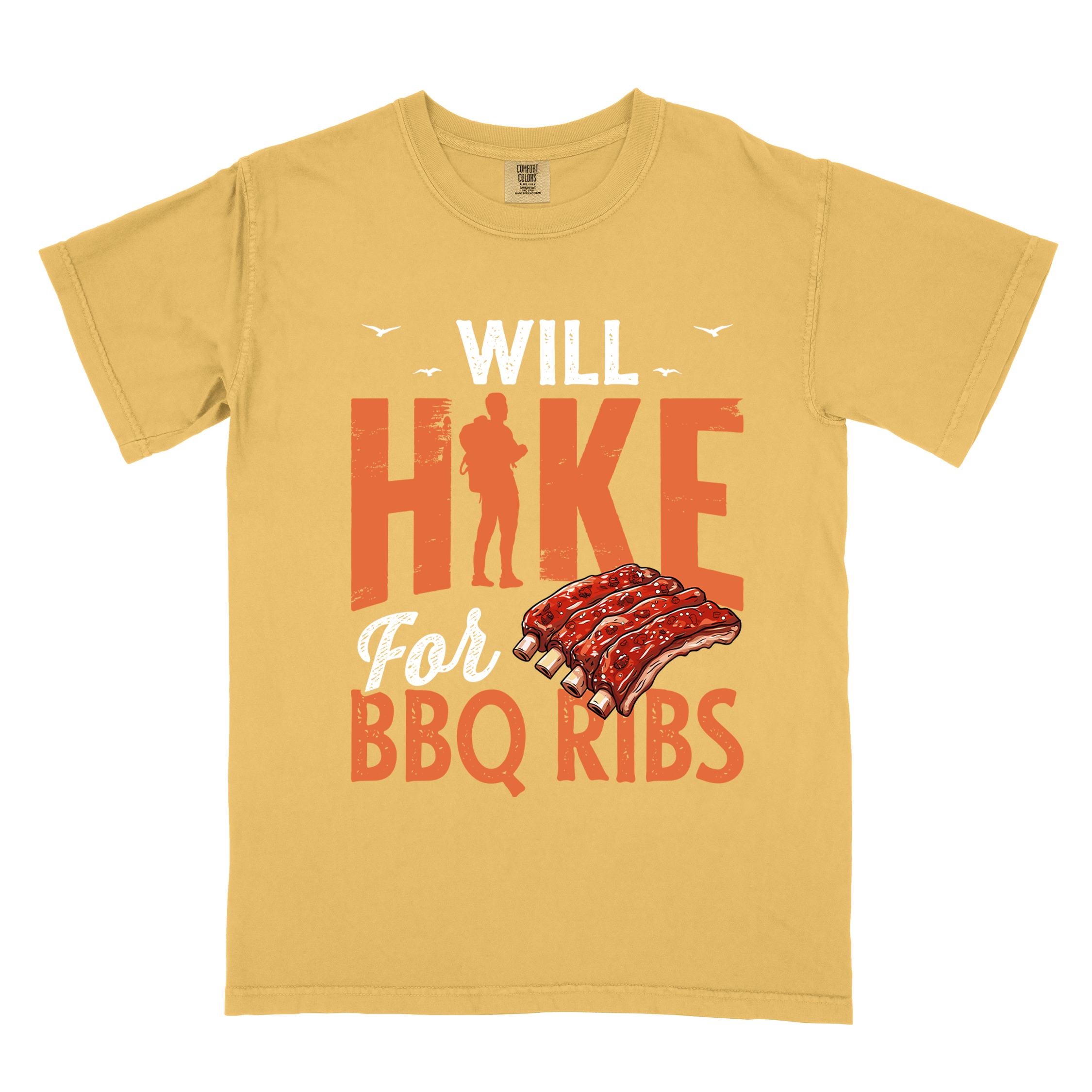 Mustard "Will Hike for BBQ Ribs" colored vintage tee with bold typography, birds, juicy grilled bbq ribs illustration, and backpacker for bbq enthusiasts