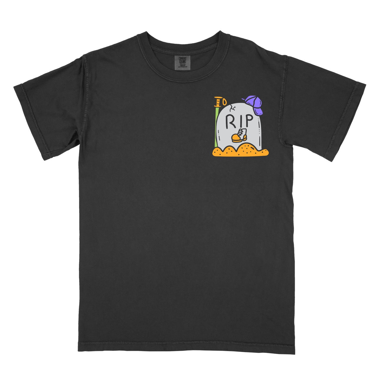 Black Funny Halloween statement shirt RIP Hiking Boots featuring gray tombstone with buried orange boot trekking pole memorial and purple bow on orange dirt mound chest placement design on Comfort Colors tee for spooky season humor