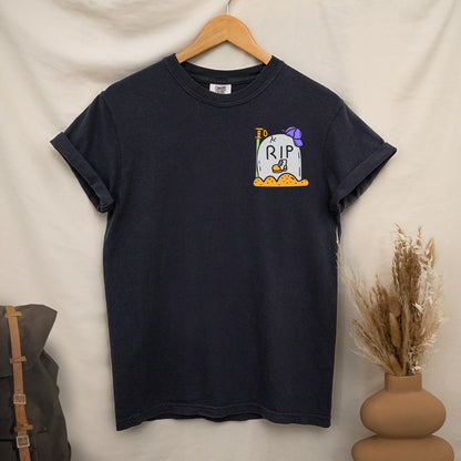 black t-shirt with a graphic design  of RIP boot on a hanger against a neutral background