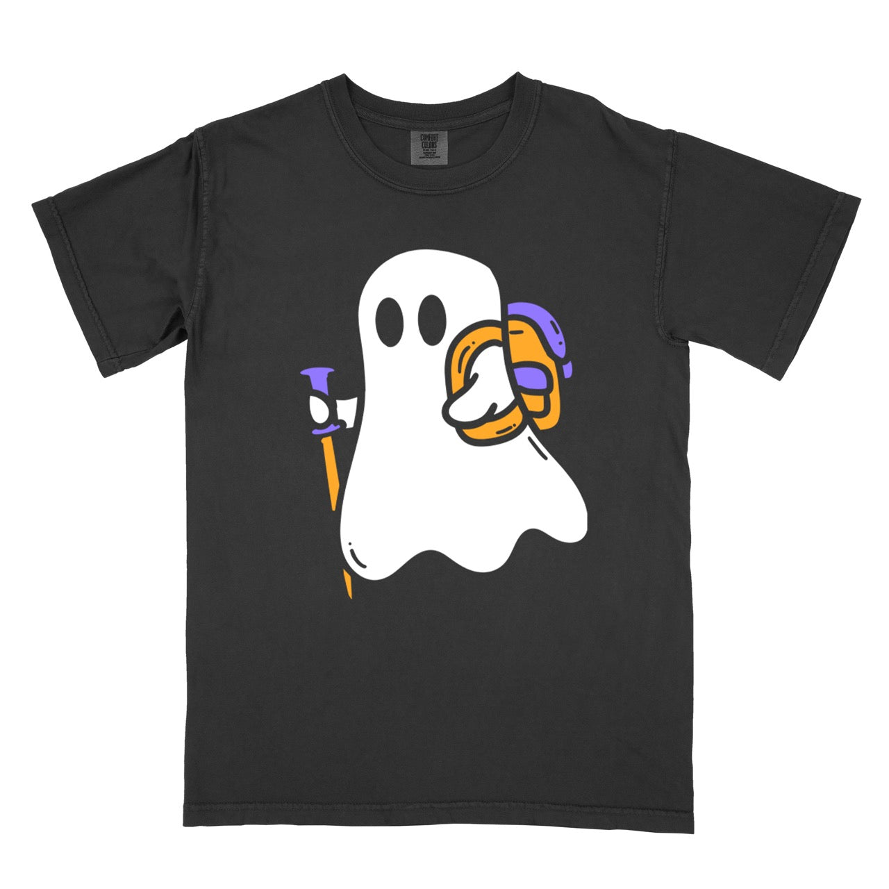 Black Halloween ghost statement tee with large full front design featuring cute white Boo character holding orange and purple trekking pole with colorful backpack perfect for spooky season celebrations on Comfort Colors shirt for hikers and adventurers. 