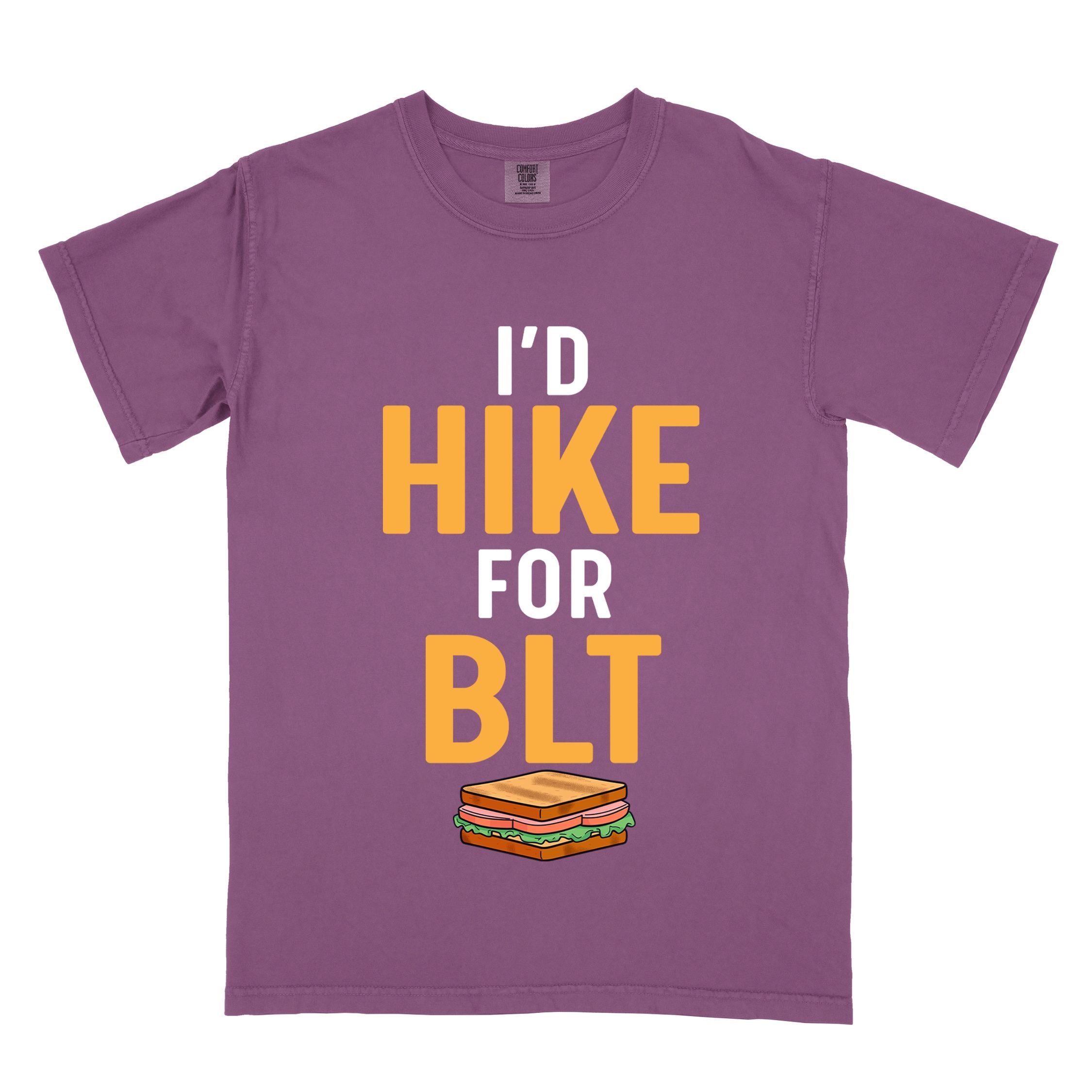 Berry "I'd Hike for BLT" colored vintage tee with bold typography, toasted BLT sandwich illustration, perfect for sandwich lovers