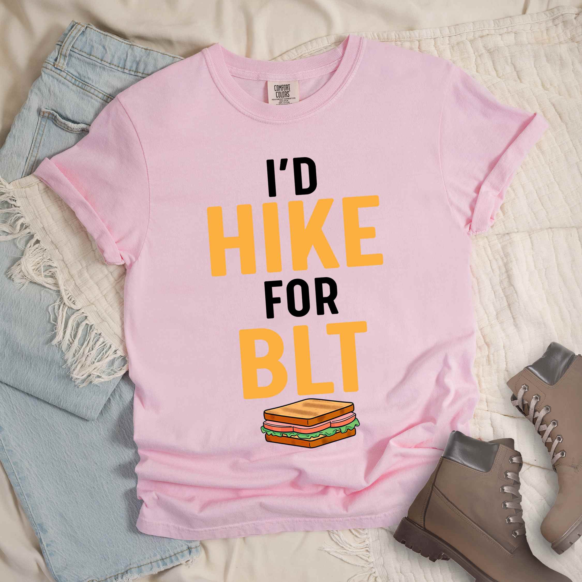 Blossom "I'd Hike for BLT" colored vintage tee with bold typography, toasted BLT sandwich illustration, perfect for sandwich lovers