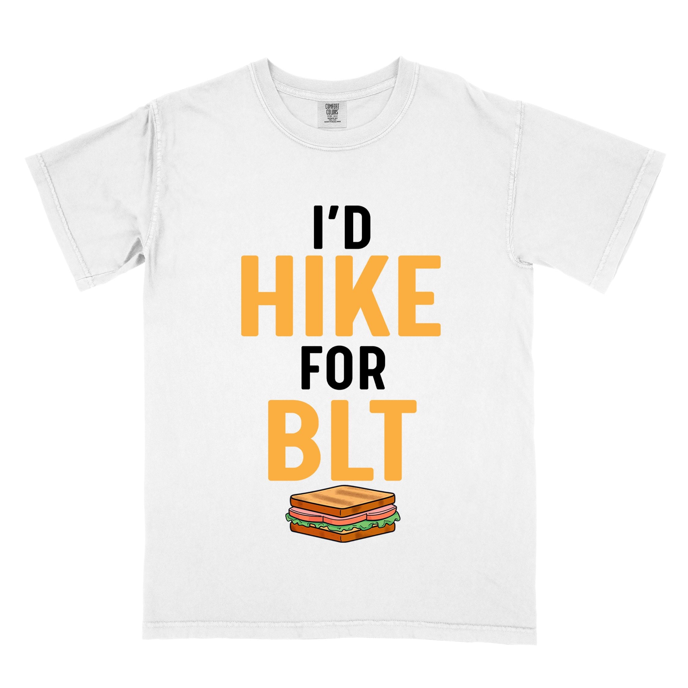 White "I'd Hike for BLT" colored vintage tee with bold typography, toasted BLT sandwich illustration, perfect for sandwich lovers