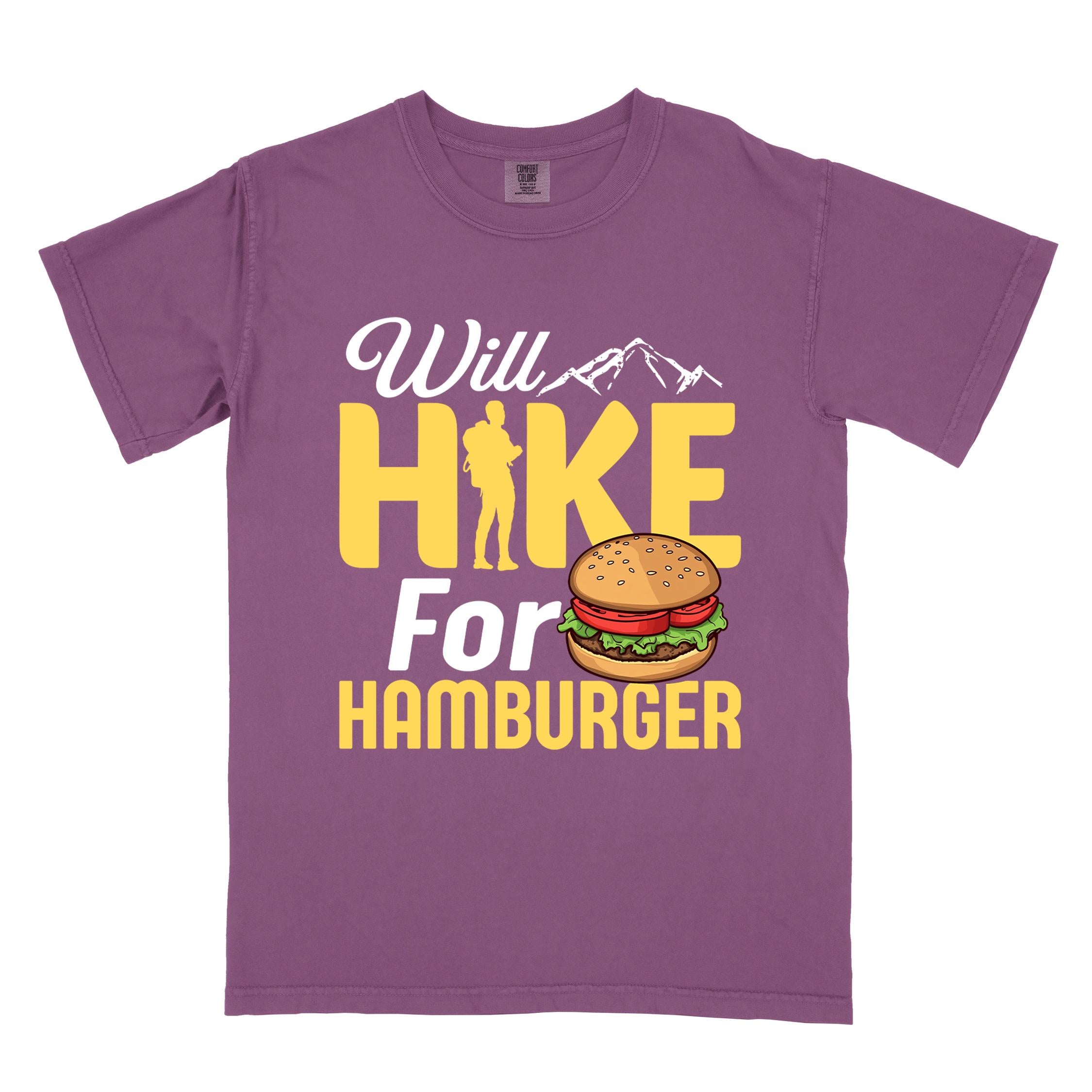 Berry "Will Hike for Hamburger" colored vintage tee with bold typography, birds, mountains, illustrated juicy hamburger, and backpacker for burger enthusiasts.