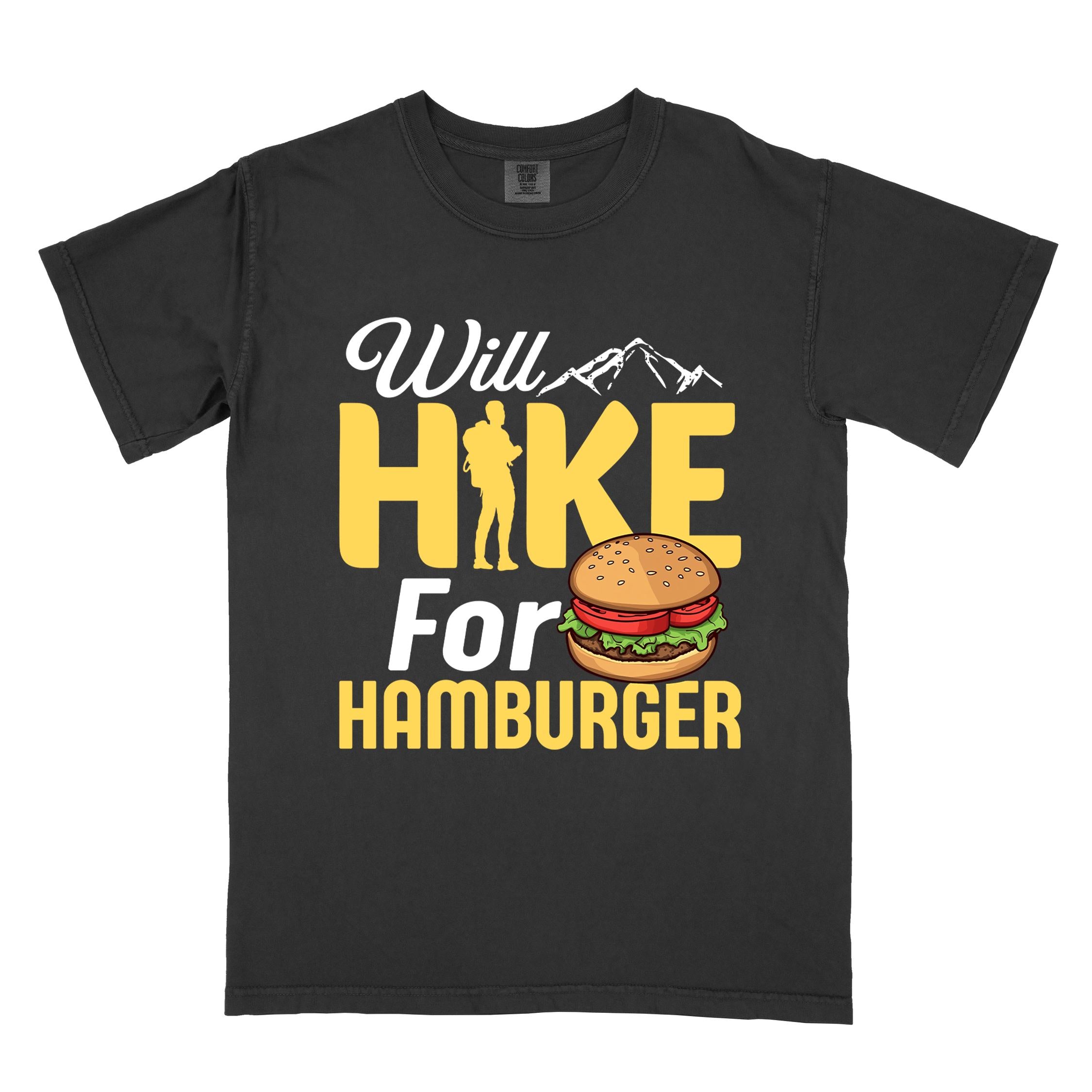 Black "Will Hike for Hamburger" colored vintage tee with bold typography, birds, mountains, illustrated juicy hamburger, and backpacker for burger enthusiasts.
