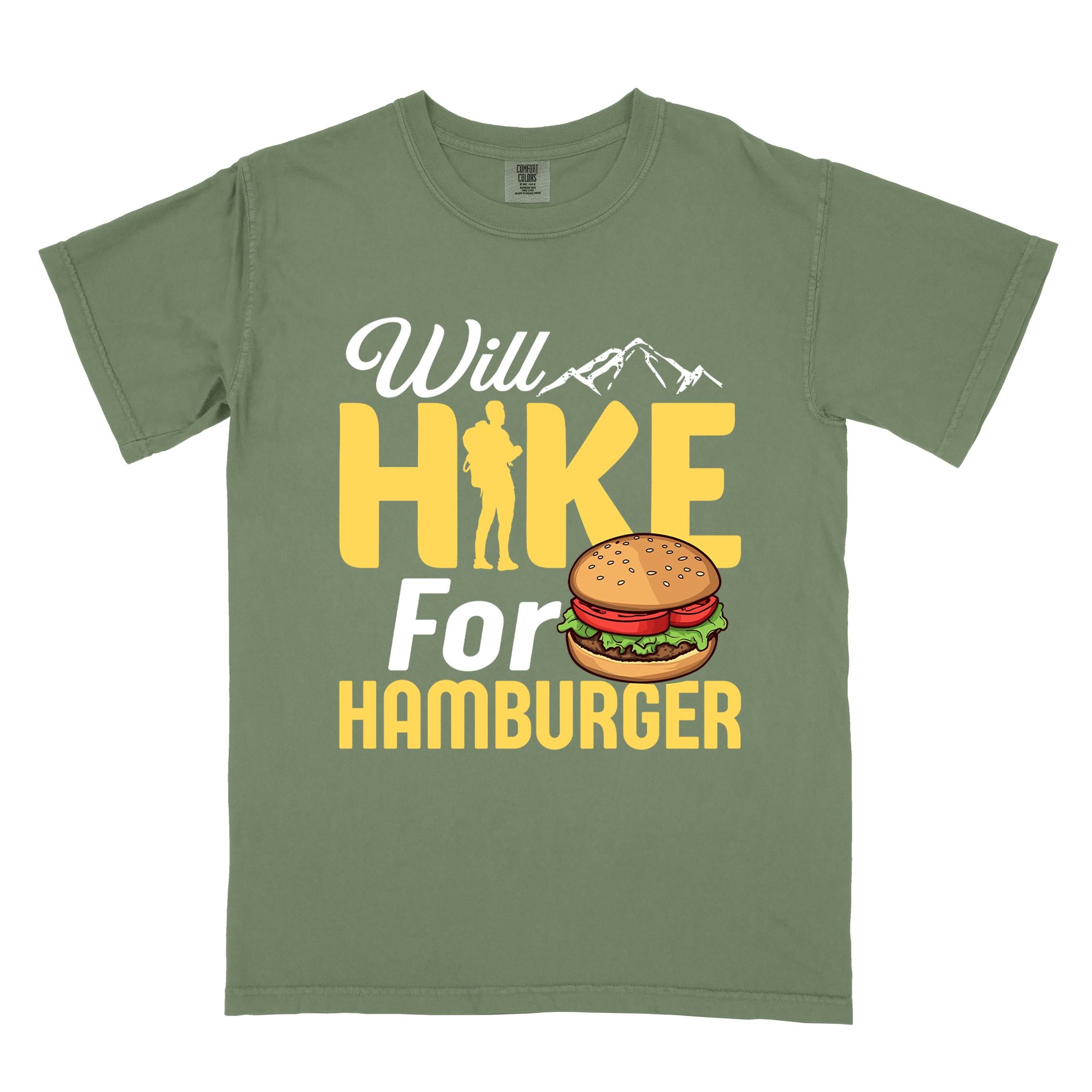 Moss "Will Hike for Hamburger" colored vintage tee with bold typography, birds, mountains, illustrated juicy hamburger, and backpacker for burger enthusiasts.