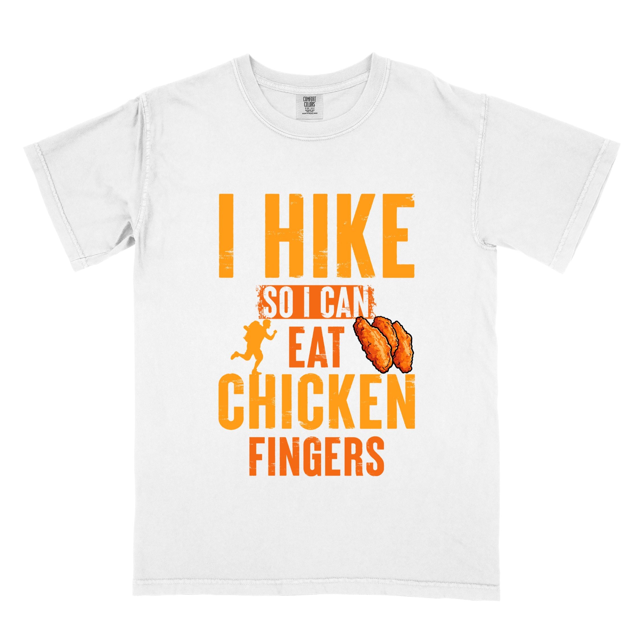 White "I Hike so I can eat Chicken Fingers" colored vintage tee with bold typography, illustrated crispy fried chicken fingers, perfect for comfort food lovers.