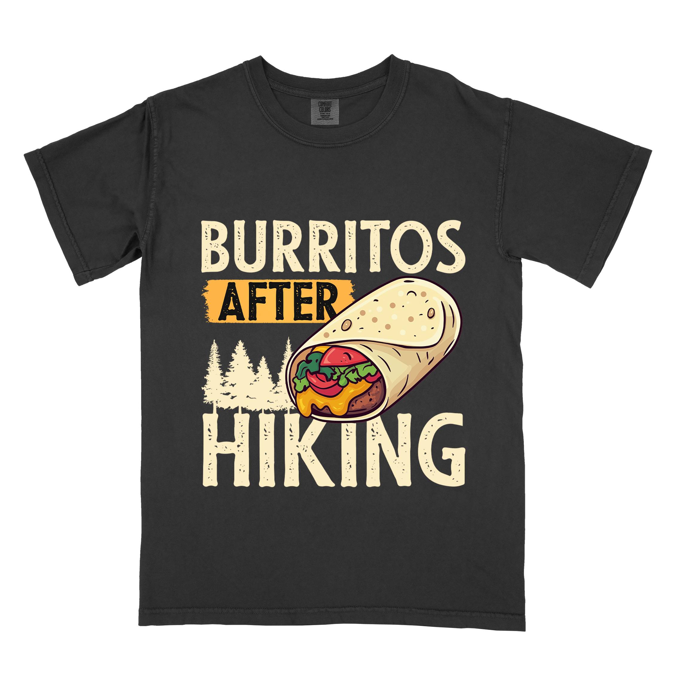 Black "burritos after hiking" colored vintage tee with bold typography, birds, trees, illustrated wrapped burrito, and backpacker for burrito enthusiasts.