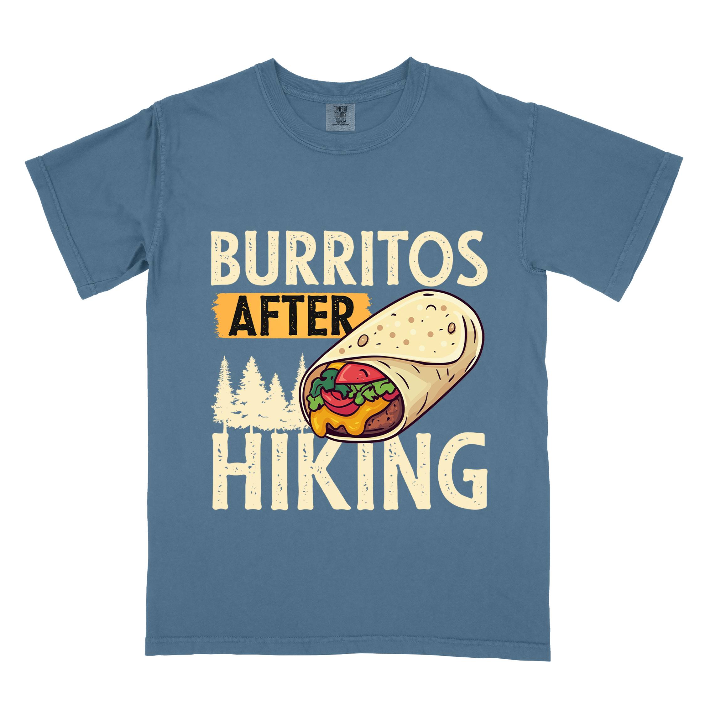 Blue jean "burritos after hiking" colored vintage tee with bold typography, birds, trees, illustrated wrapped burrito, and backpacker for burrito enthusiasts.