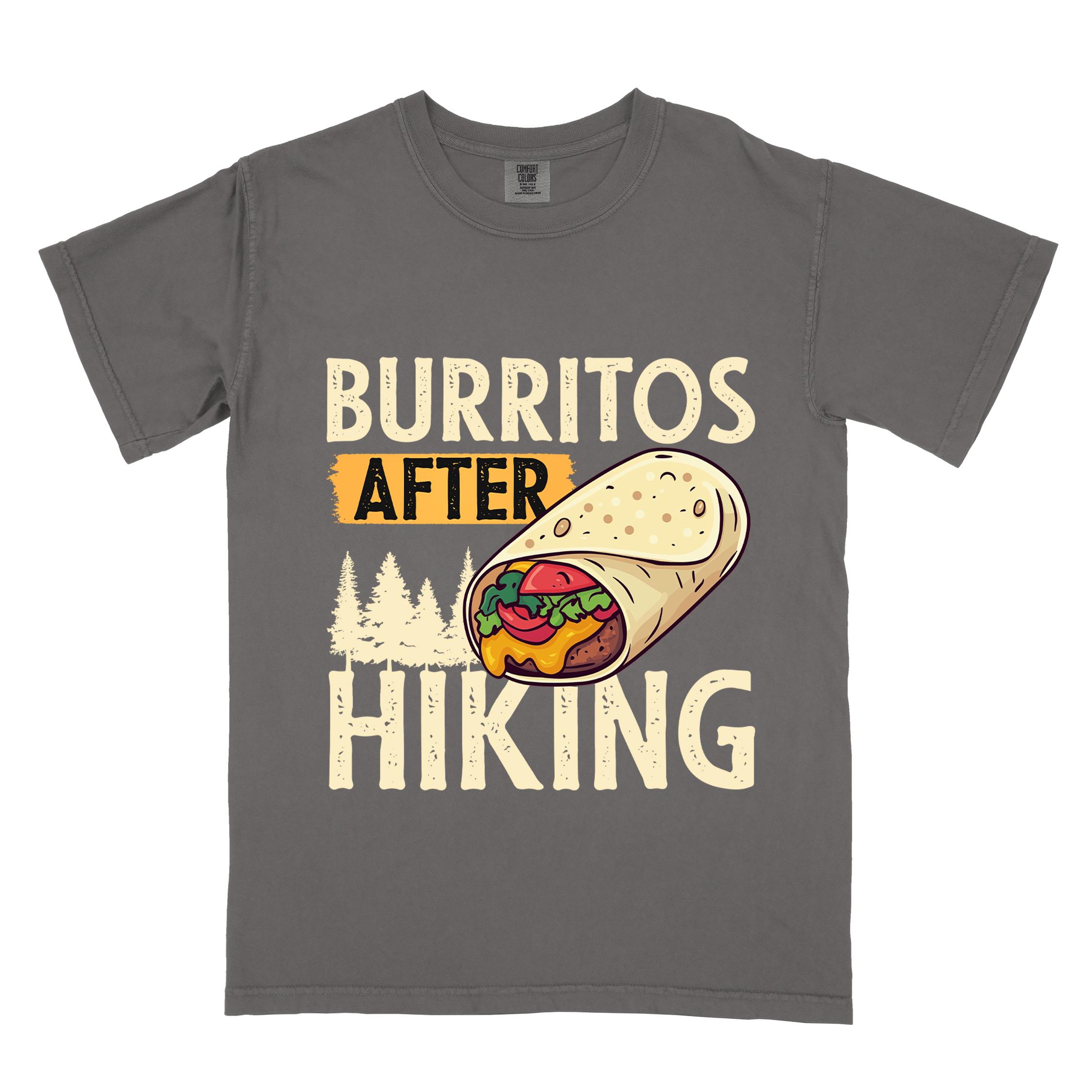 Pepper "burritos after hiking" colored vintage tee with bold typography, birds, trees, illustrated wrapped burrito, and backpacker for burrito enthusiasts.