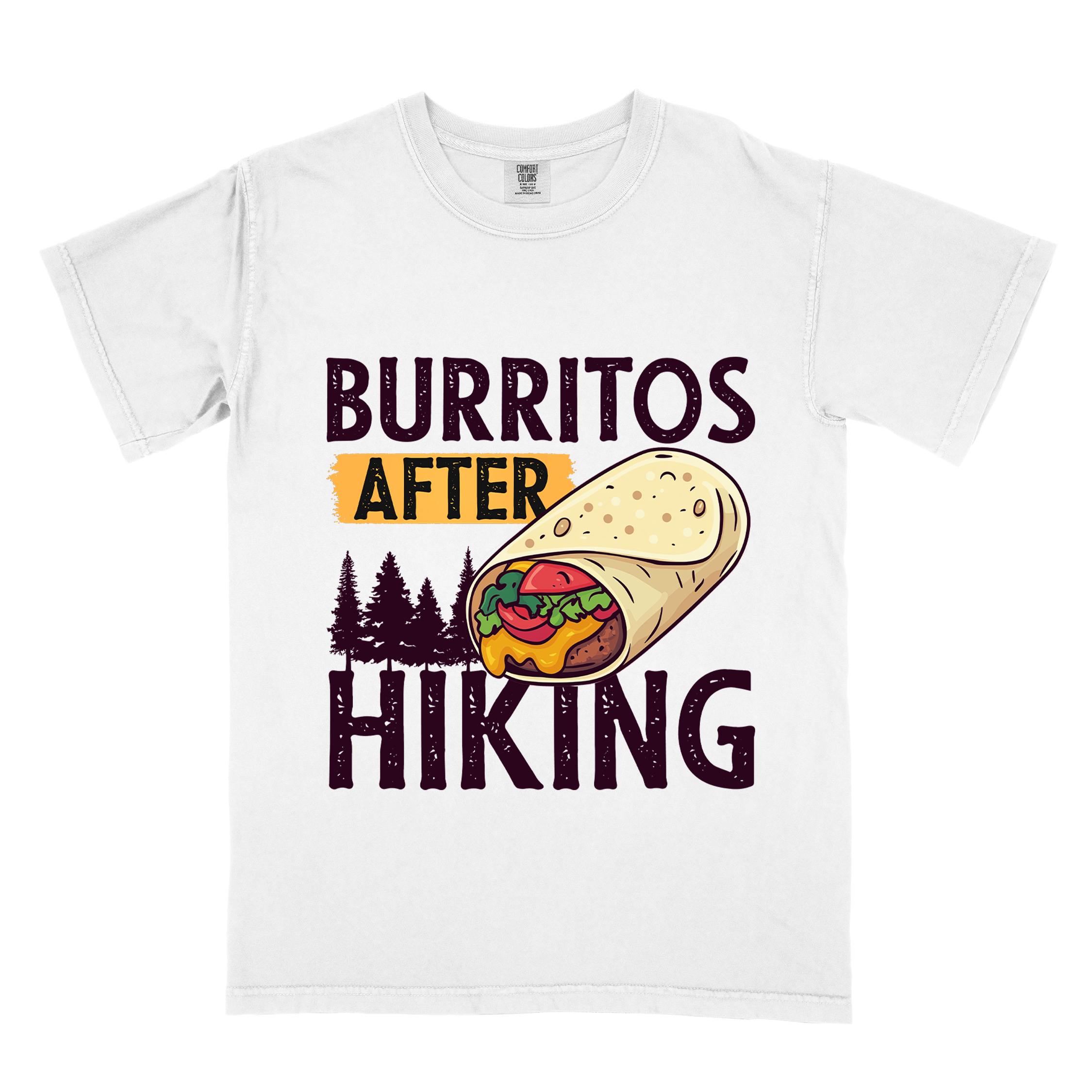 White "burritos after hiking" colored vintage tee with bold typography, birds, trees, illustrated wrapped burrito, and backpacker for burrito enthusiasts.