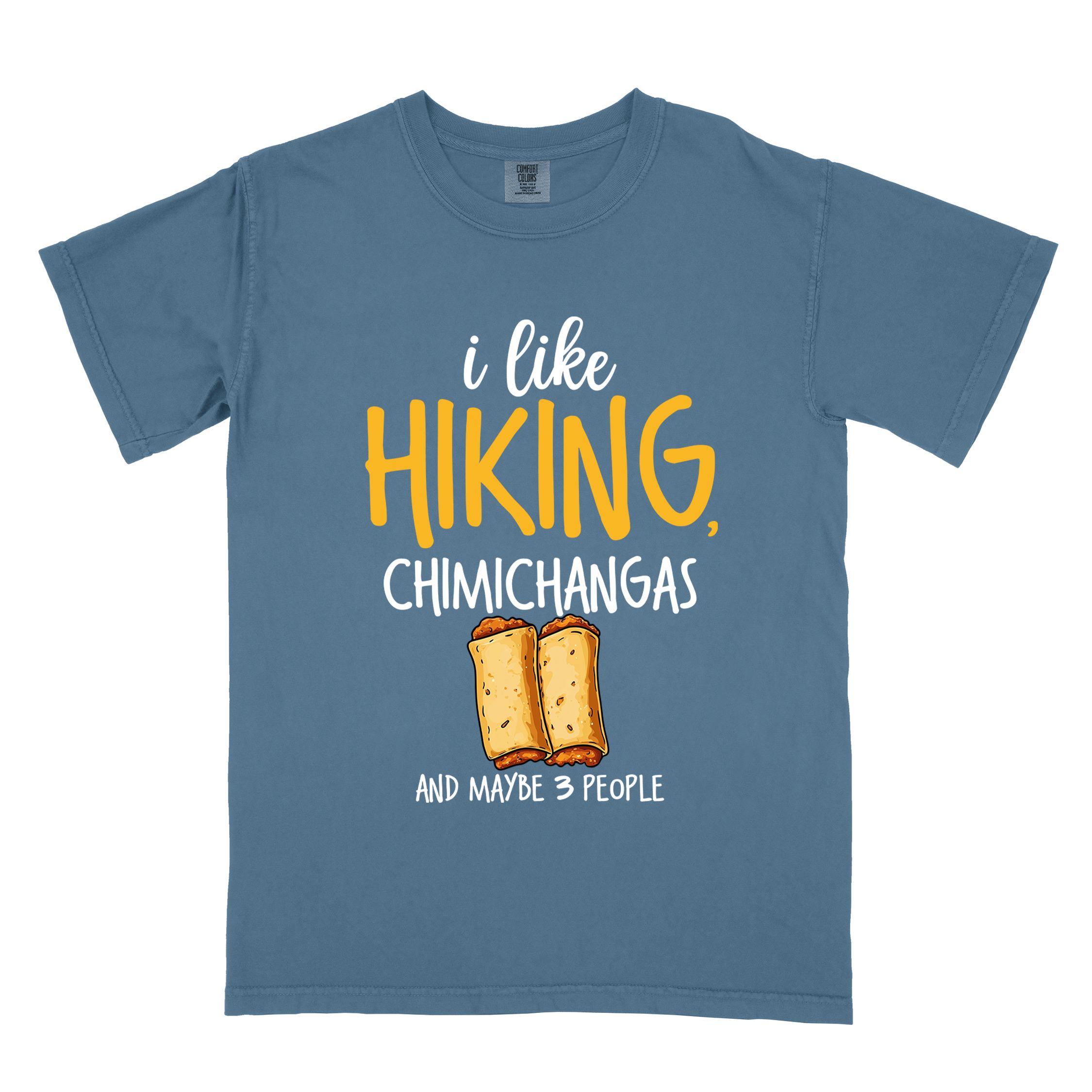 Blue jean "I like hiking, chimichangas and maybe like 3 people" colored vintage tee with bold typography, illustrated chimichangas, perfect for chimichangas enthusiasts.