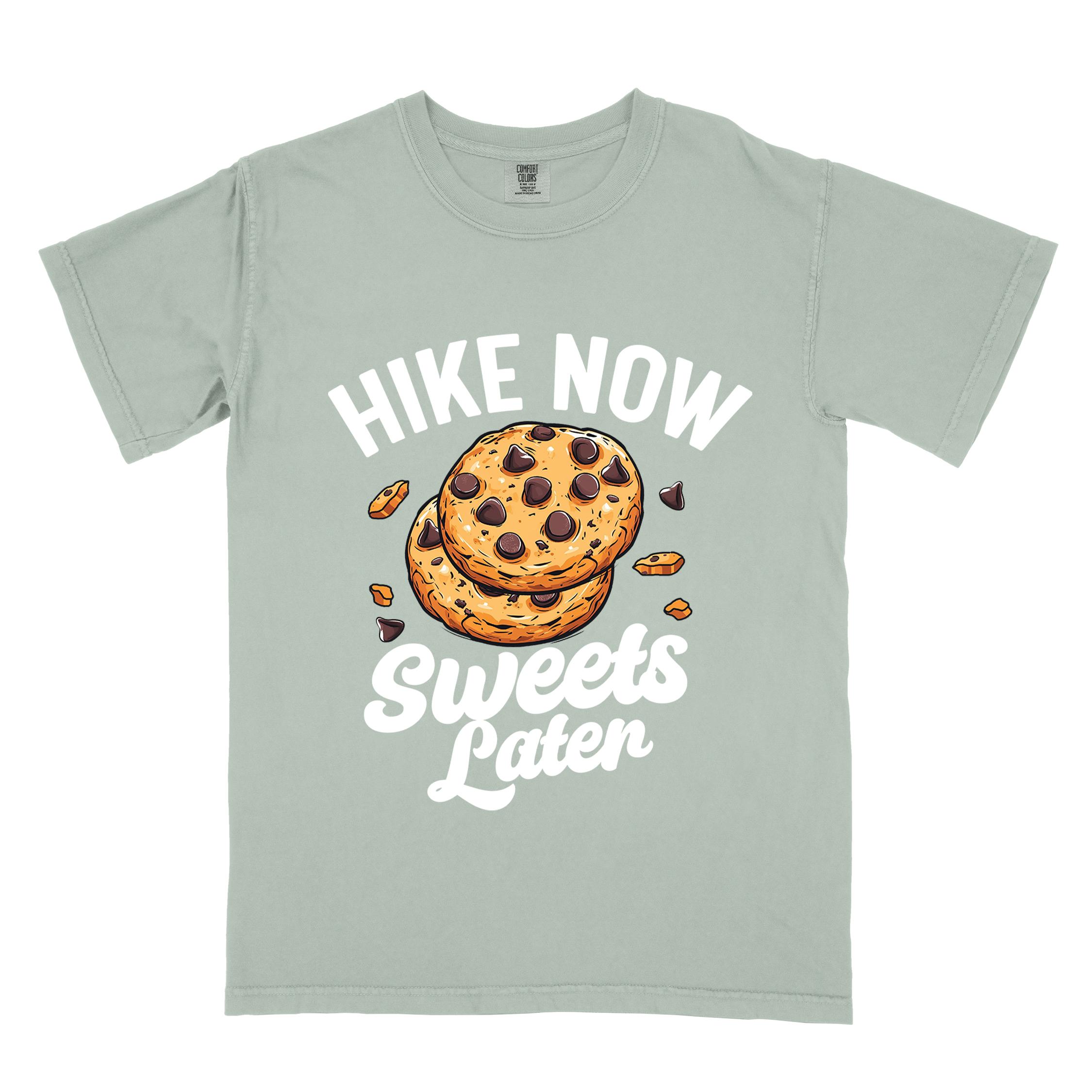 Bay “Hike Now Sweets Later” colored vintage tee with bold and script typography, illustration of chocolate chip cookies with crumbs scattered around. Perfect for cookie lovers.