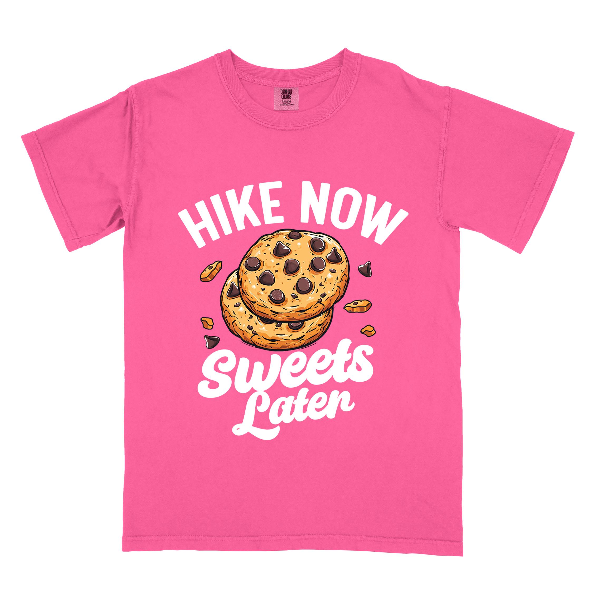 Crunchberry “Hike Now Sweets Later” colored vintage tee with bold and script typography, illustration of chocolate chip cookies with crumbs scattered around. Perfect for cookie lovers.