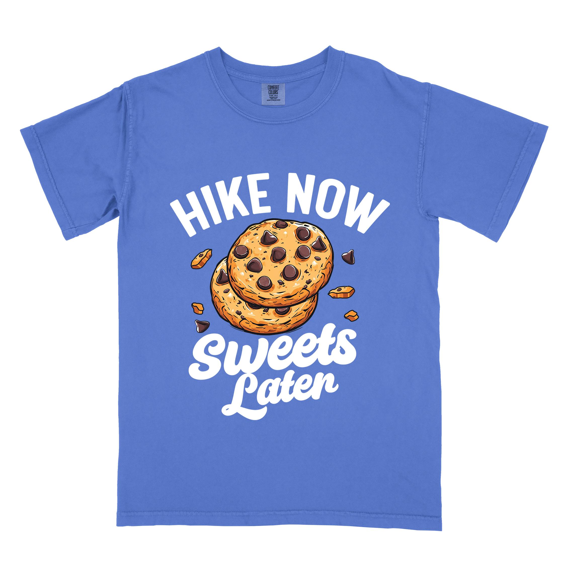 Flo blue “Hike Now Sweets Later” colored vintage tee with bold and script typography, illustration of chocolate chip cookies with crumbs scattered around. Perfect for cookie lovers.