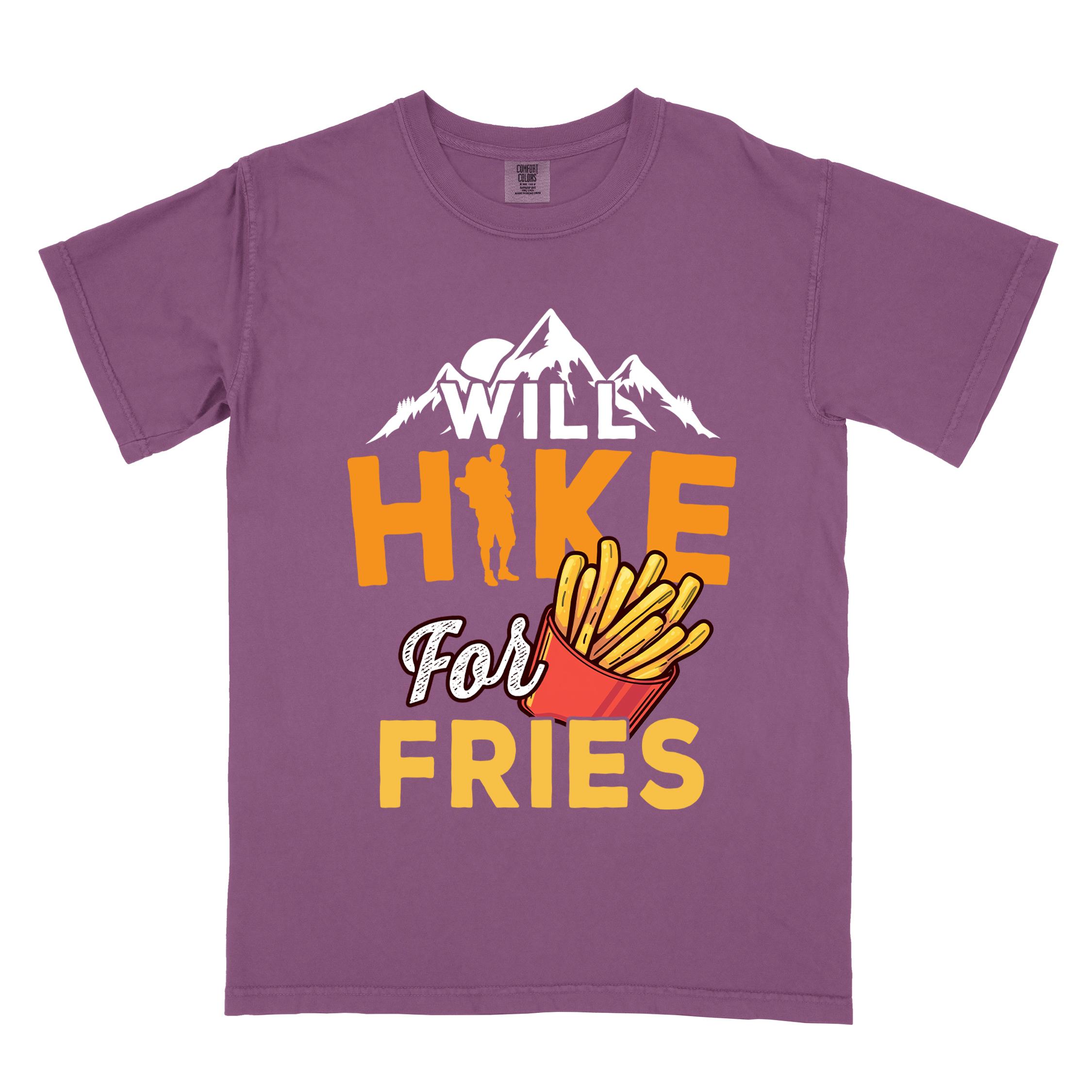 Berry "Will Hike for Fries" colored vintage tee with bold typography, mountains, illustrated fries, and backpacker for comfort food enthusiasts.