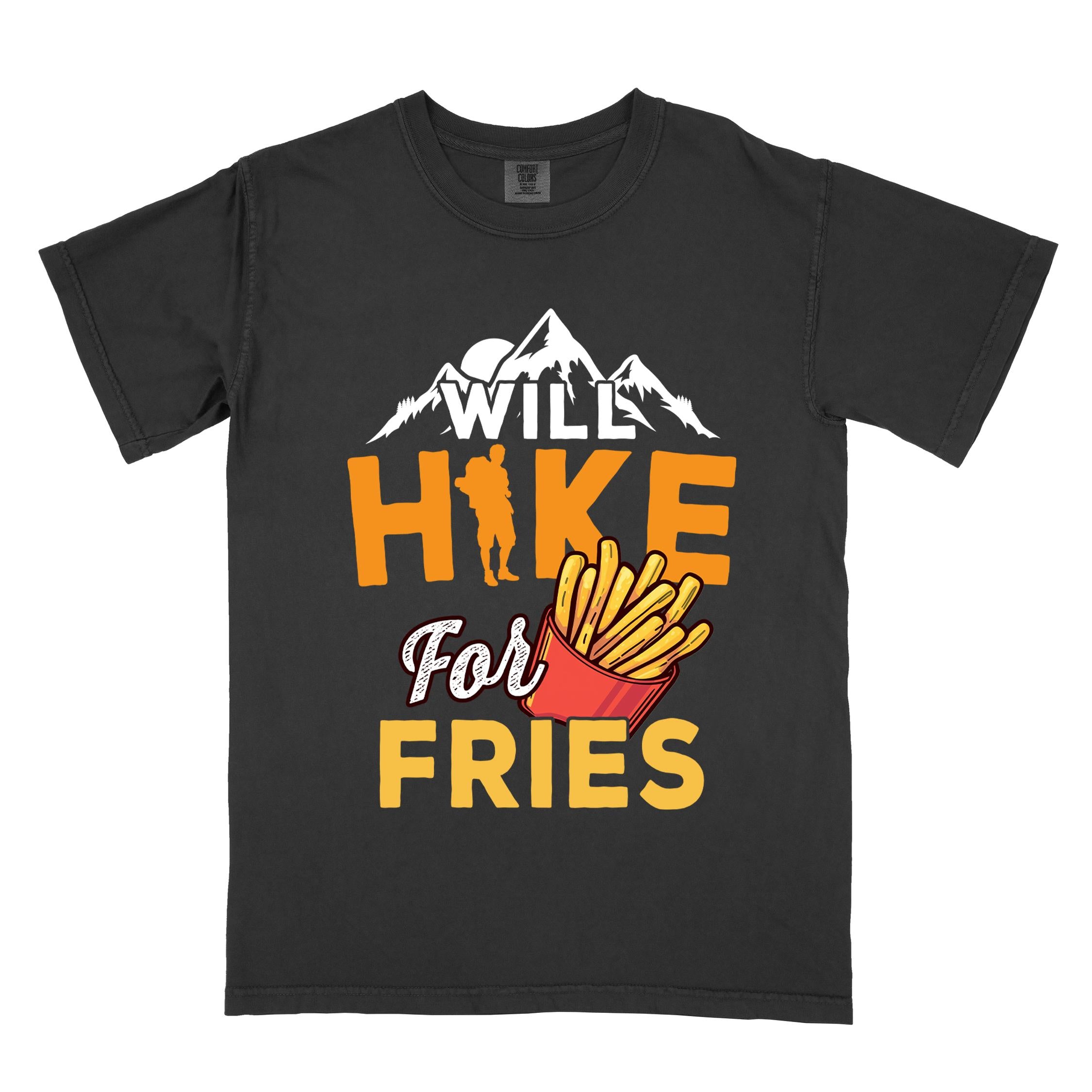 Black "Will Hike for Fries" colored vintage tee with bold typography, mountains, illustrated fries, and backpacker for comfort food enthusiasts.