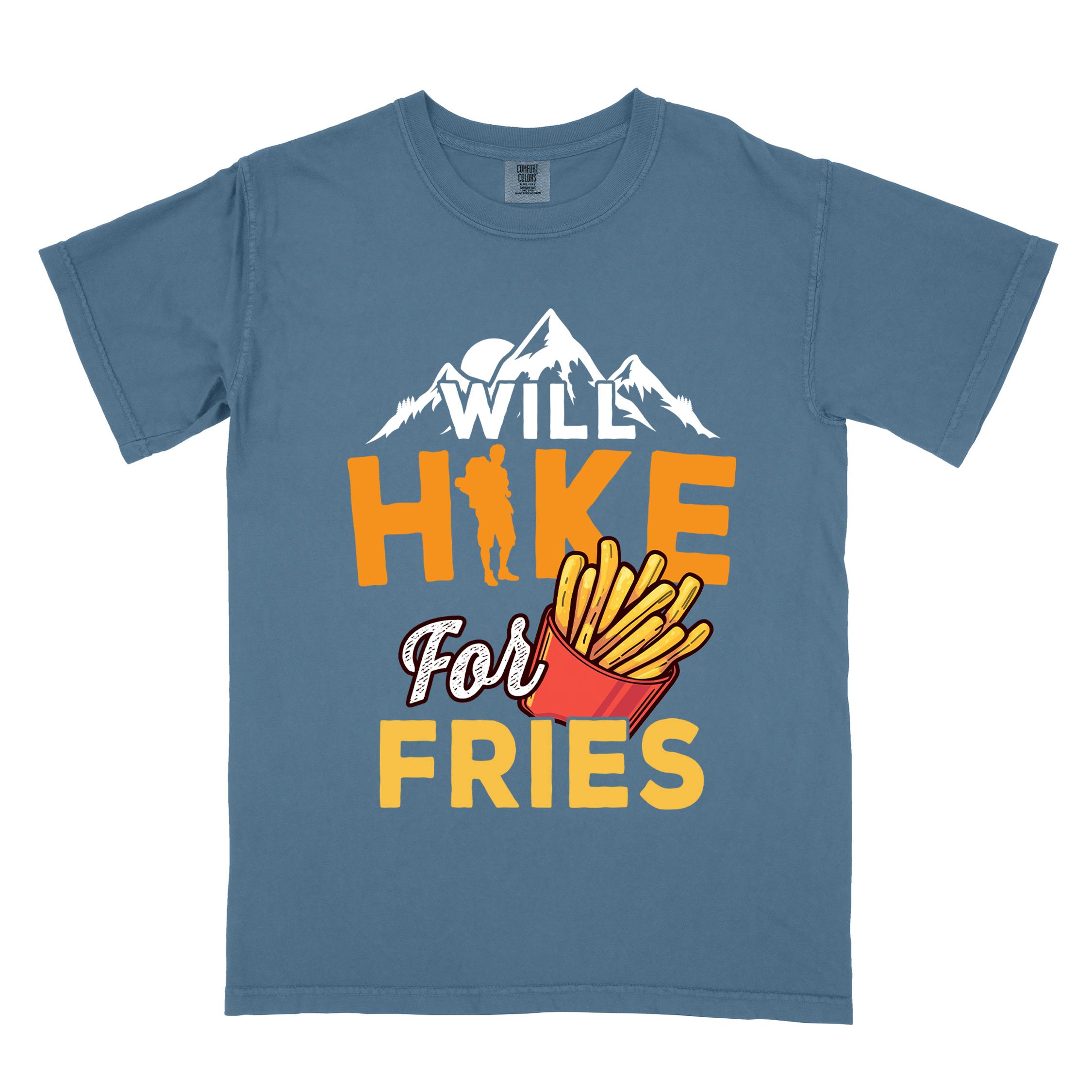 Blue jean "Will Hike for Fries" colored vintage tee with bold typography, mountains, illustrated fries, and backpacker for comfort food enthusiasts.