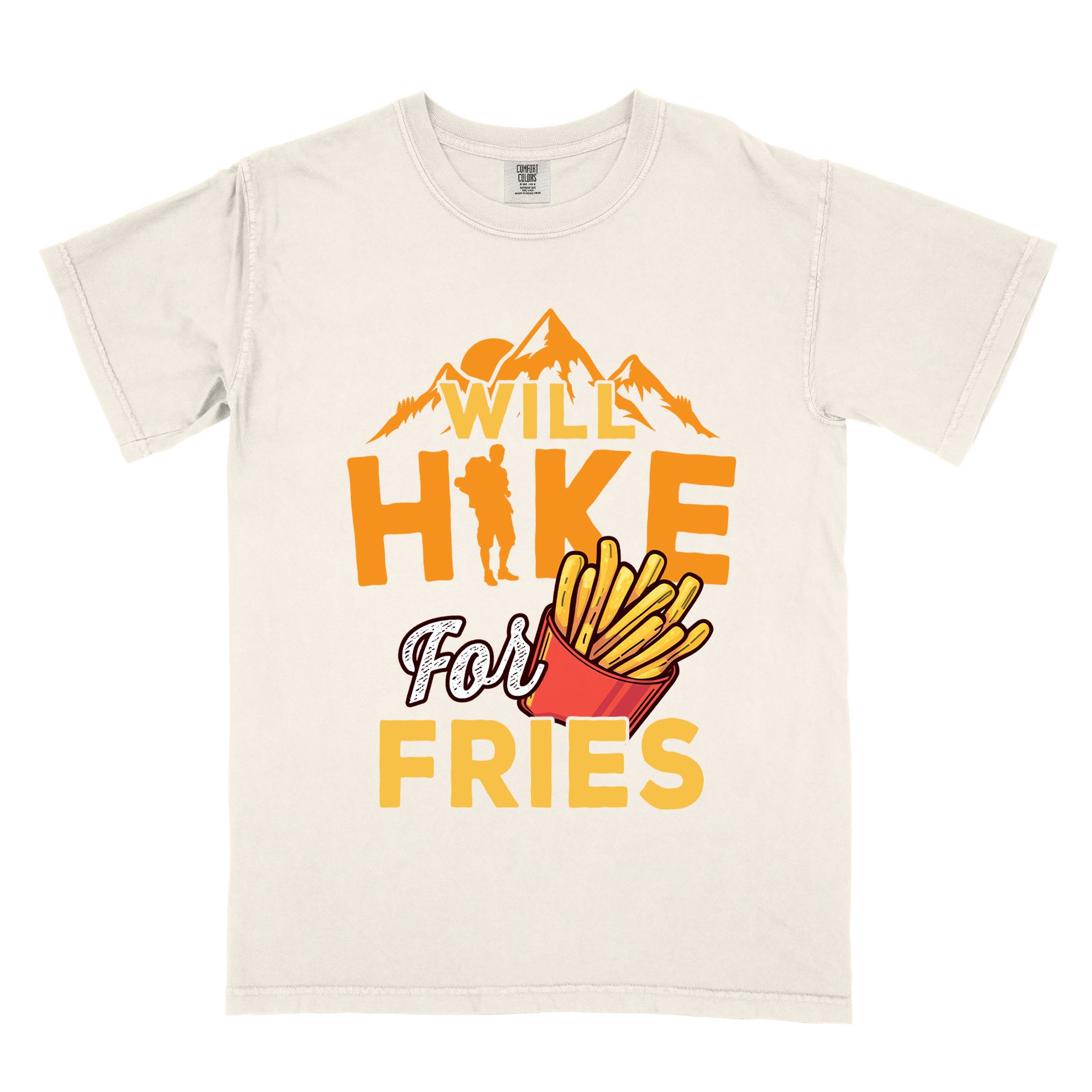 Ivory "Will Hike for Fries" colored vintage tee with bold typography, mountains, illustrated fries, and backpacker for comfort food enthusiasts.