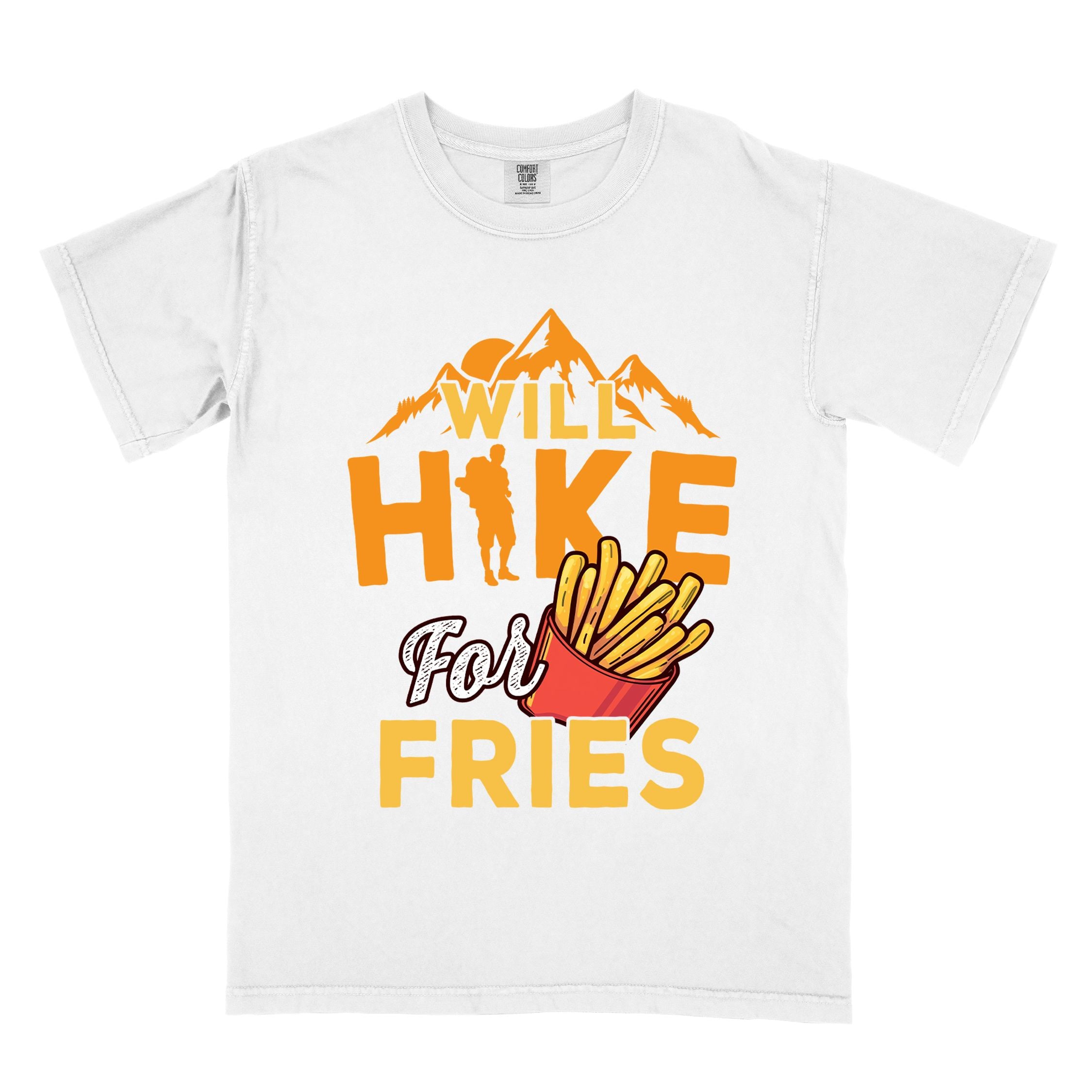 White "Will Hike for Fries" colored vintage tee with bold typography, mountains, illustrated fries, and backpacker for comfort food enthusiasts.