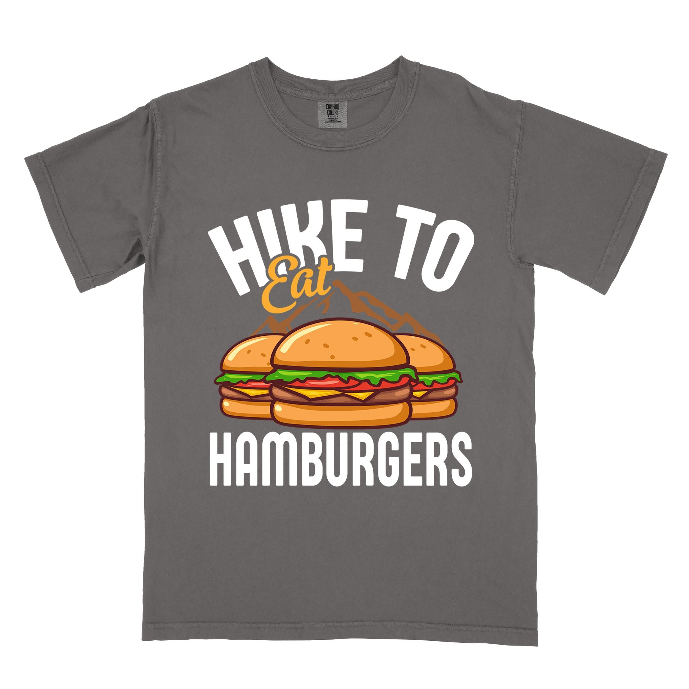 Pepper "Hike to Eat Hamburgers" colored vintage tee with bold typography, illustrated juicy hamburger, and backpacker for burger enthusiasts.