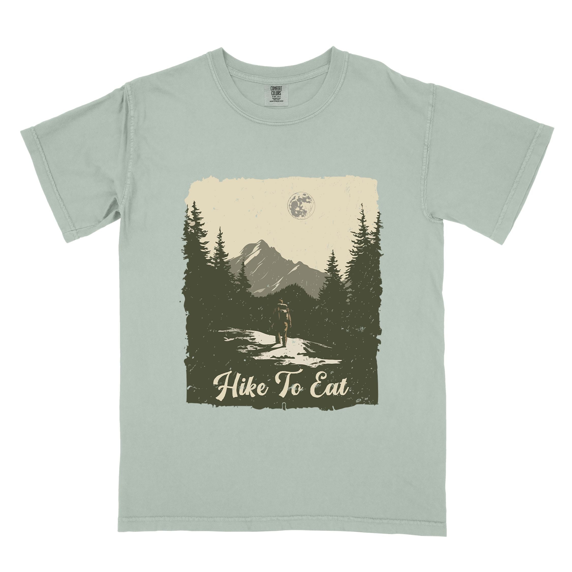 Bay "Hike to Eat" colored vintage tee with bold typography, illustrated landscape, and backpacker for burger enthusiasts.