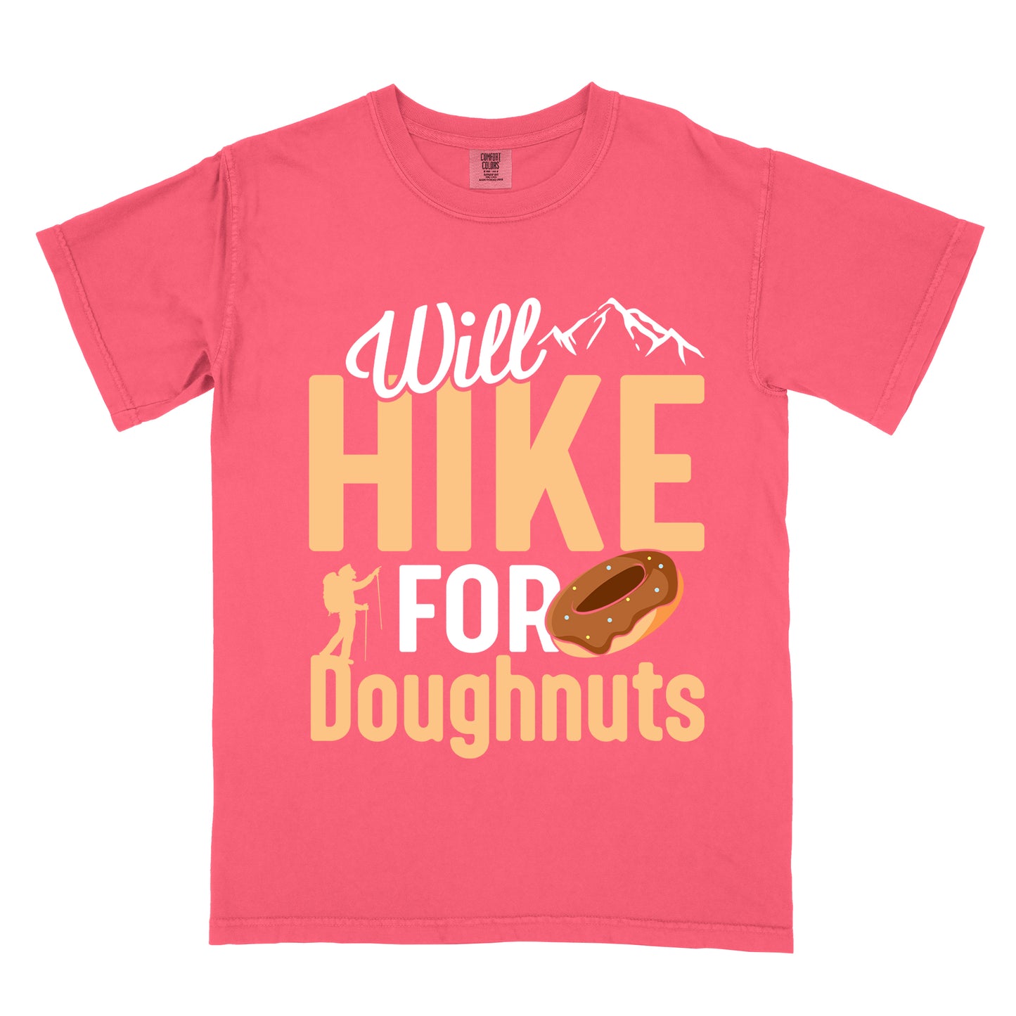 Watermelon (Light Coral) t-shirt with "Will HIKE FOR Doughnuts" graphic design. White script "Will" above tan "HIKE" in bold letters, with small mountain peaks above. "FOR" appears in white, followed by "Doughnuts" in tan, with an illustrated chocolate donut replacing the "O" in "FOR". Features a small hiker silhouette. 