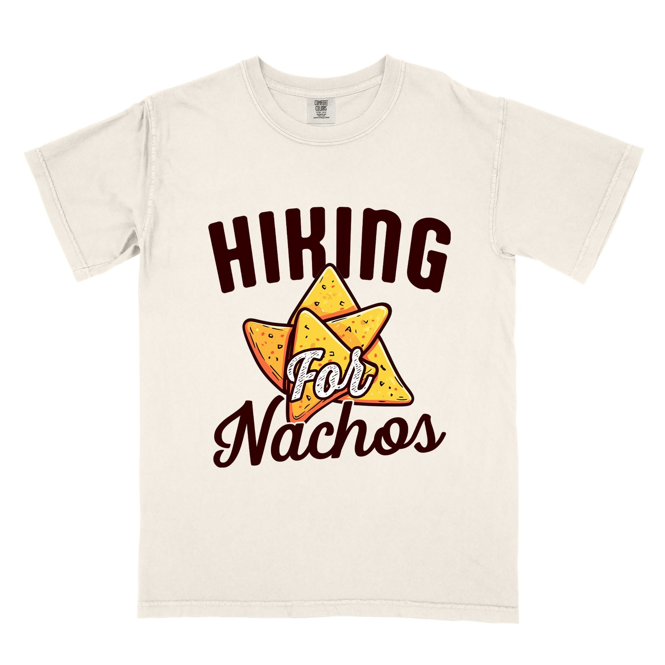 Ivory "Hiking for Nachos" colored vintage tee with bold typography, illustrated crispy nachos chips, and backpacker craving for chips.