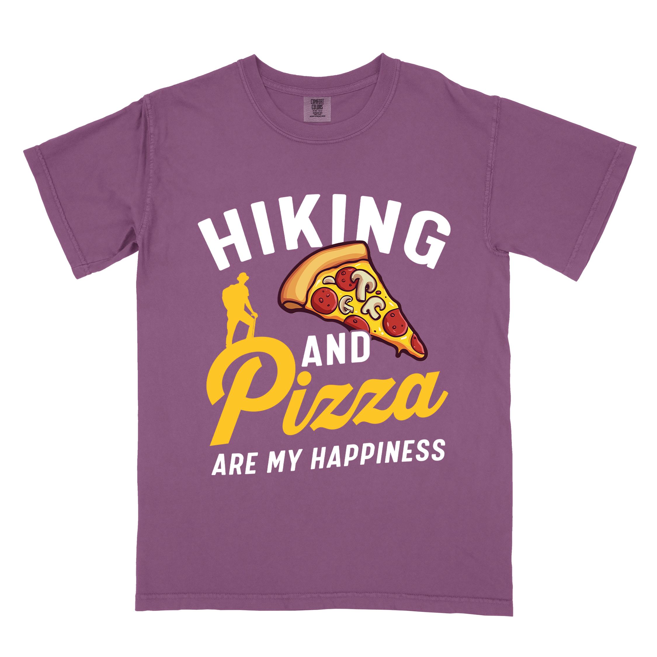 Berry "Hiking and Pizza are my happiness" colored vintage tee with bold typography, birds, mountains, illustrated pizza slice, and backpacker for pizza lovers.