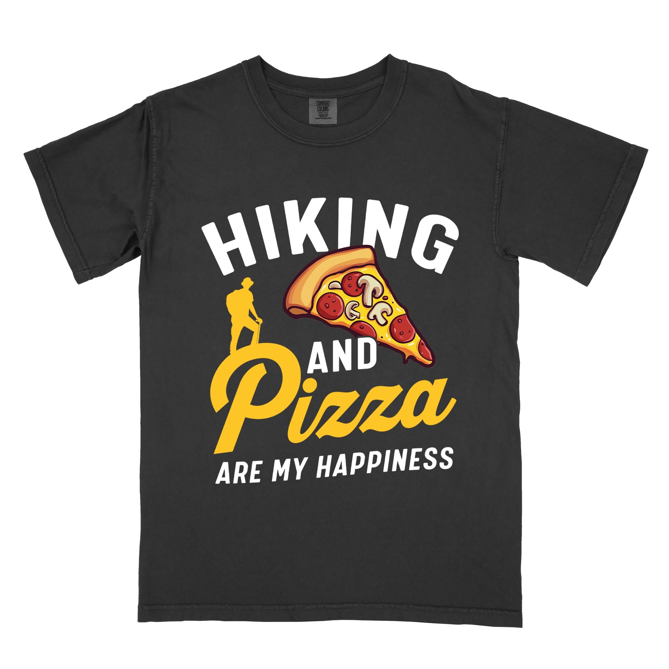 black "Hiking and Pizza are my happiness" colored vintage tee with bold typography, birds, mountains, illustrated pizza slice, and backpacker for pizza lovers.