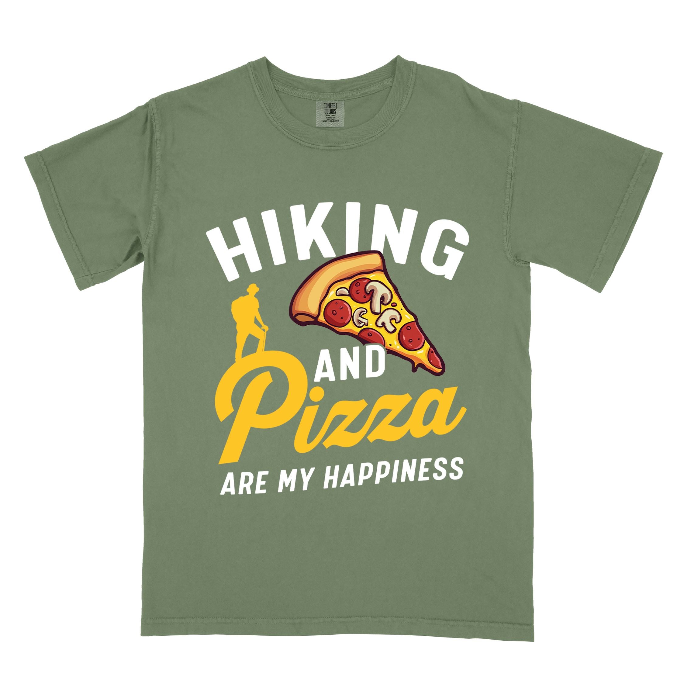 Moss "Hiking and Pizza are my happiness" colored vintage tee with bold typography, birds, mountains, illustrated pizza slice, and backpacker for pizza lovers.