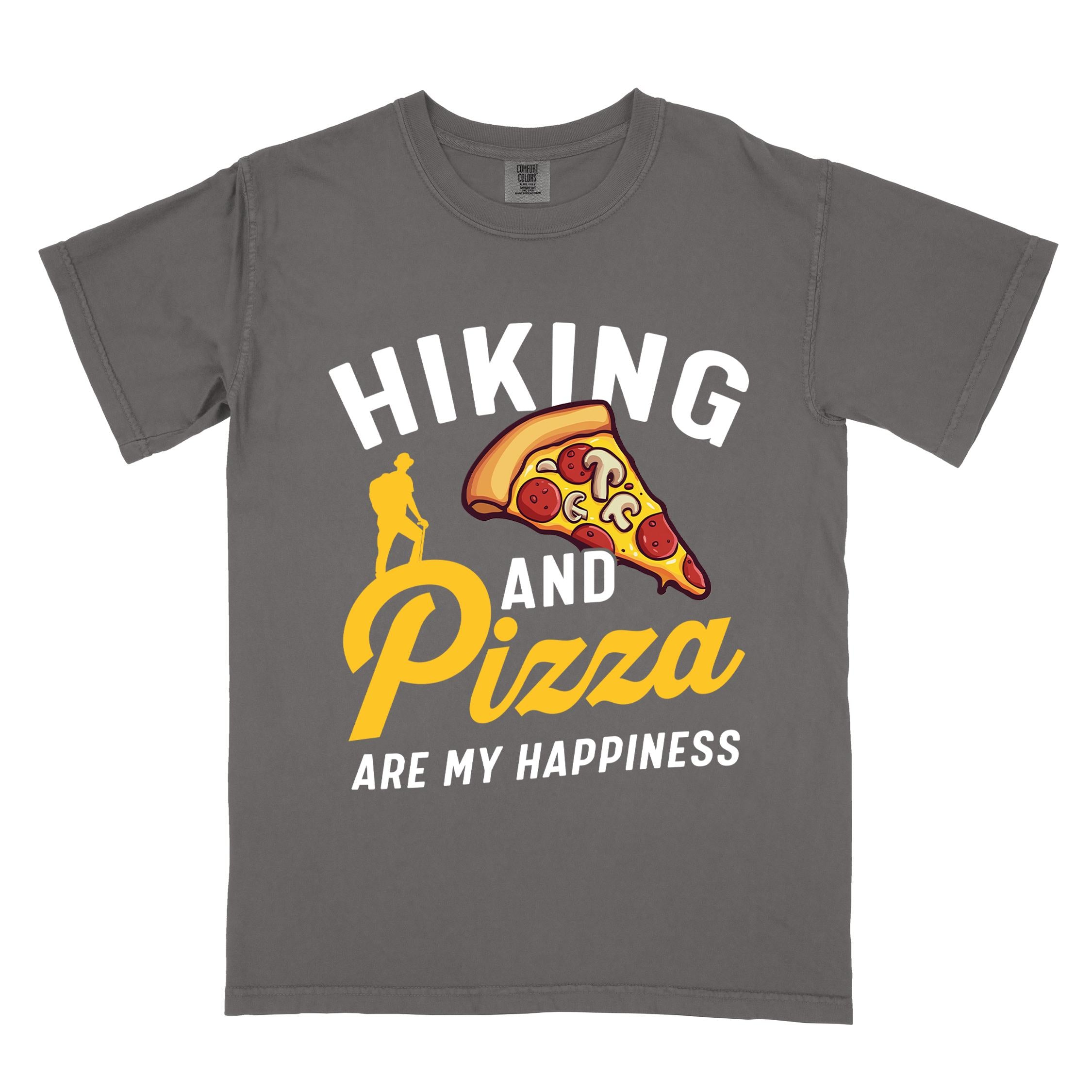 Pepper "Hiking and Pizza are my happiness" colored vintage tee with bold typography, birds, mountains, illustrated pizza slice, and backpacker for pizza lovers.