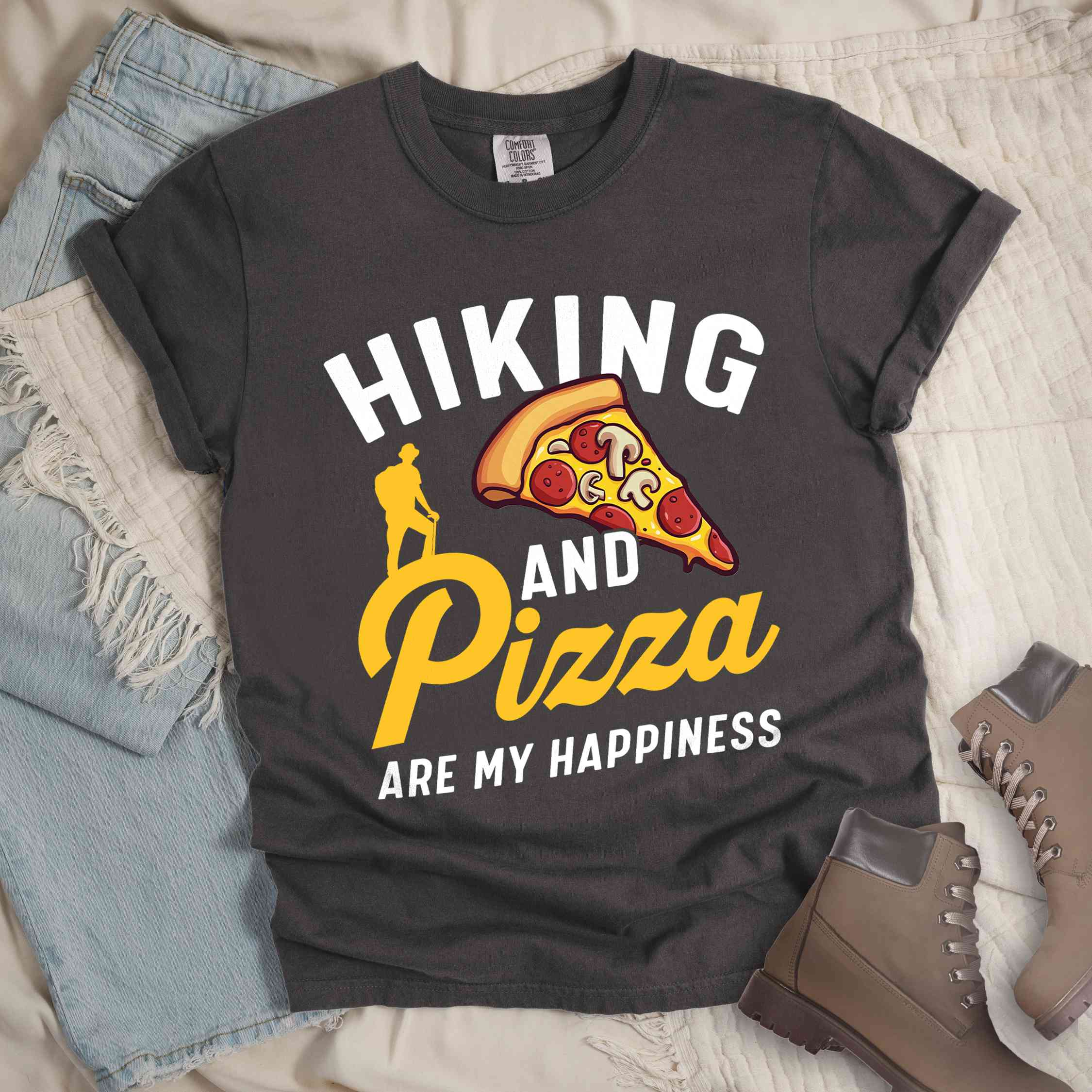 Pepper "Hiking and Pizza are my happiness" colored vintage tee with bold typography, birds, mountains, illustrated pizza slice, and backpacker for pizza lovers.