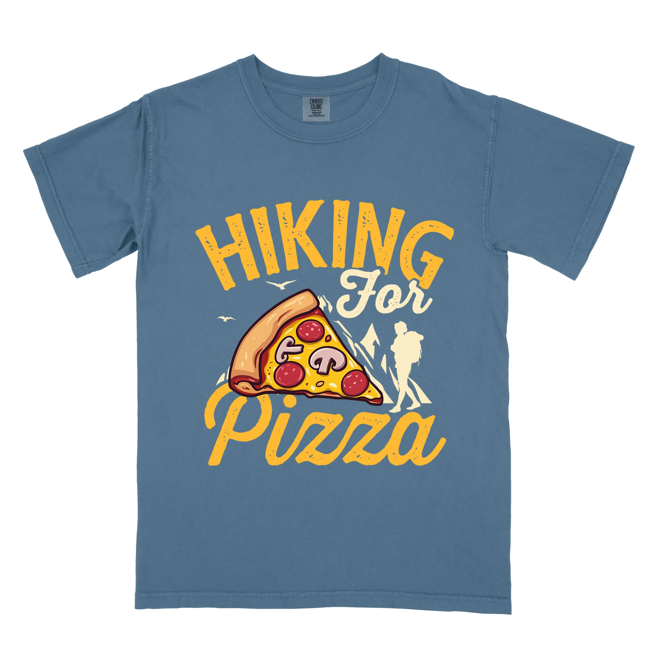 Blue jean "Hiking for Pizza" colored vintage tee with bold typography, birds, mountains, illustrated pizza slice, and backpacker for pizza lovers.