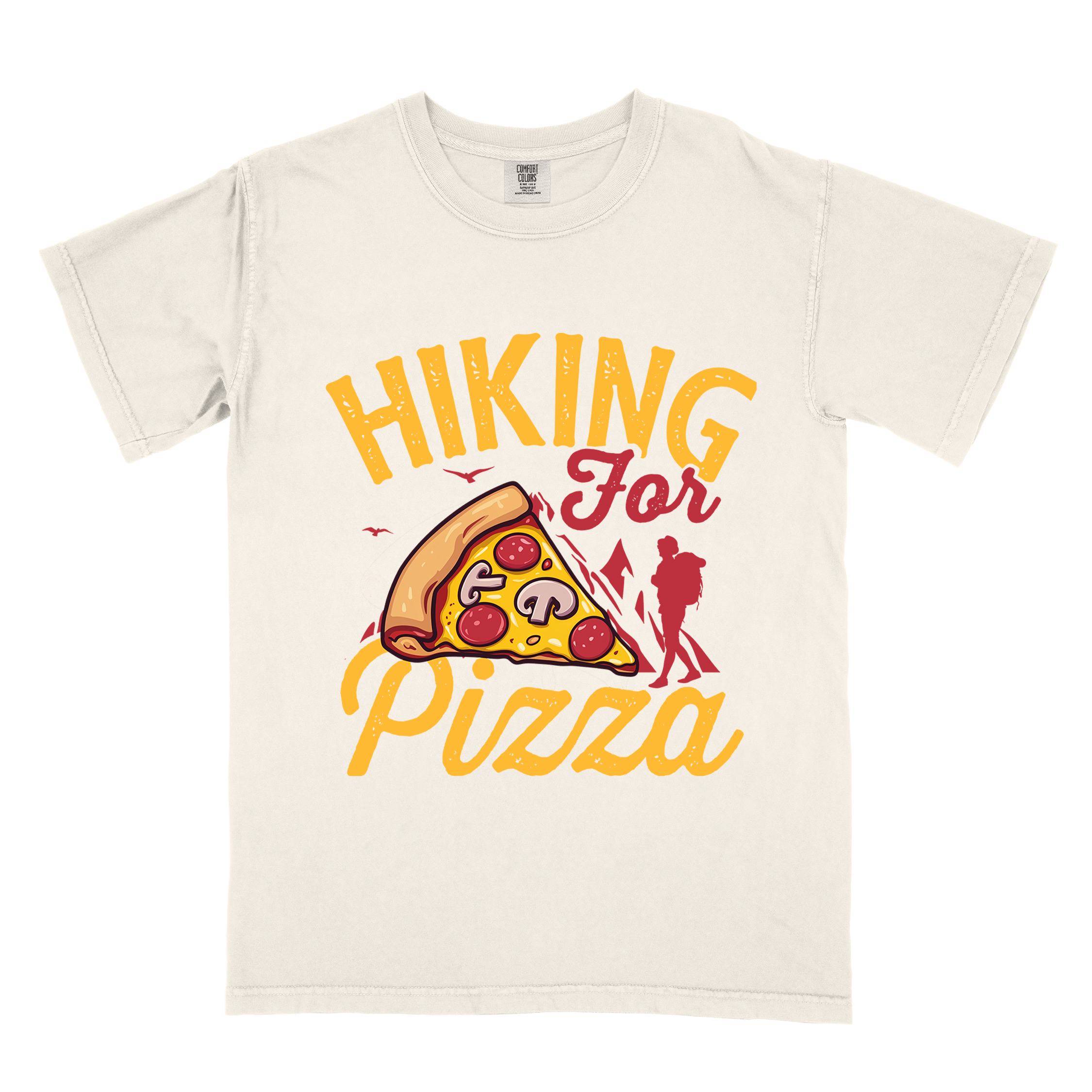 Ivory "Hiking for Pizza" colored vintage tee with bold typography, birds, mountains, illustrated pizza slice, and backpacker for pizza lovers.
